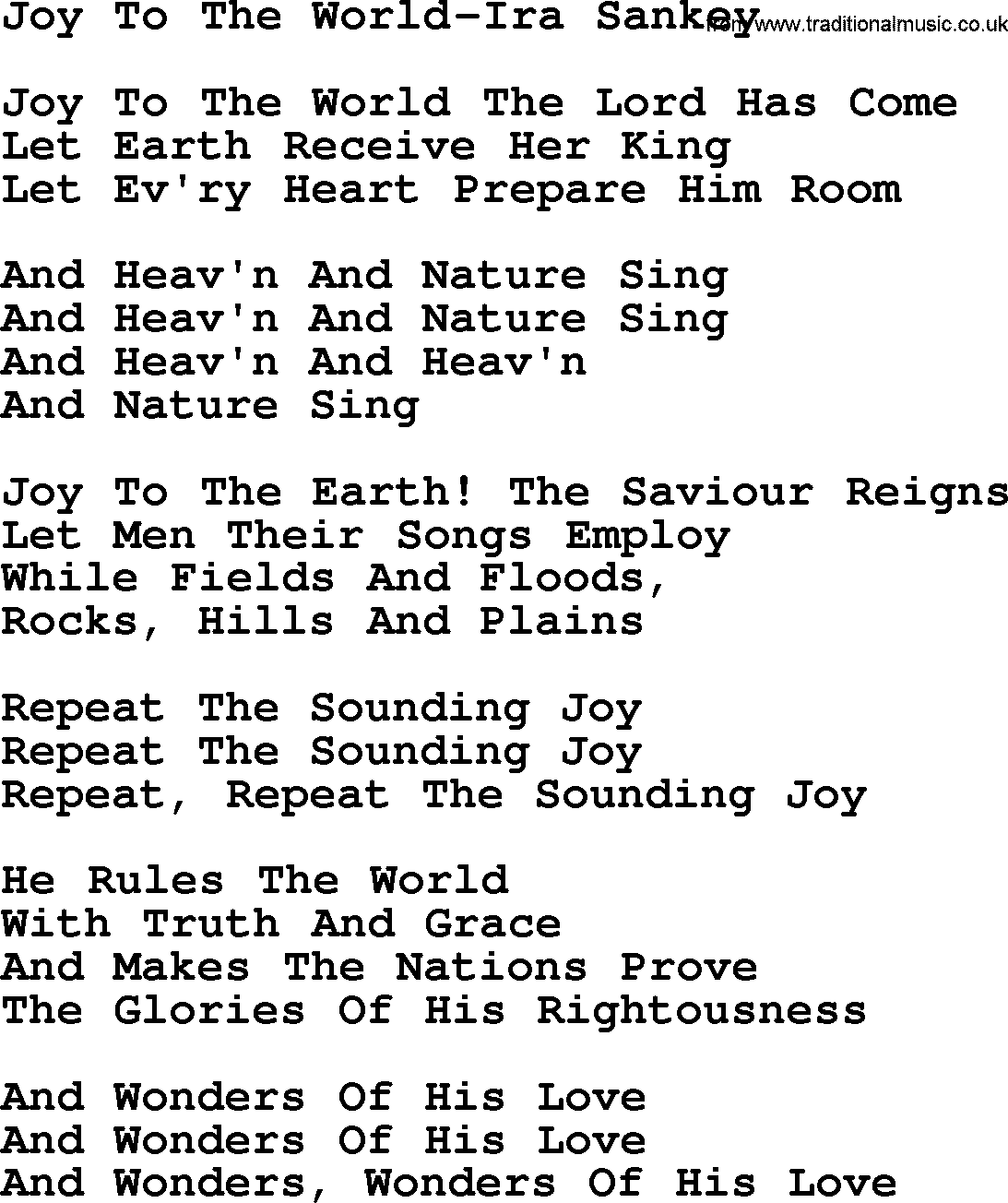 Joy To The WorldIra Sankey.txt by Ira Sankey Christian Hymn lyrics