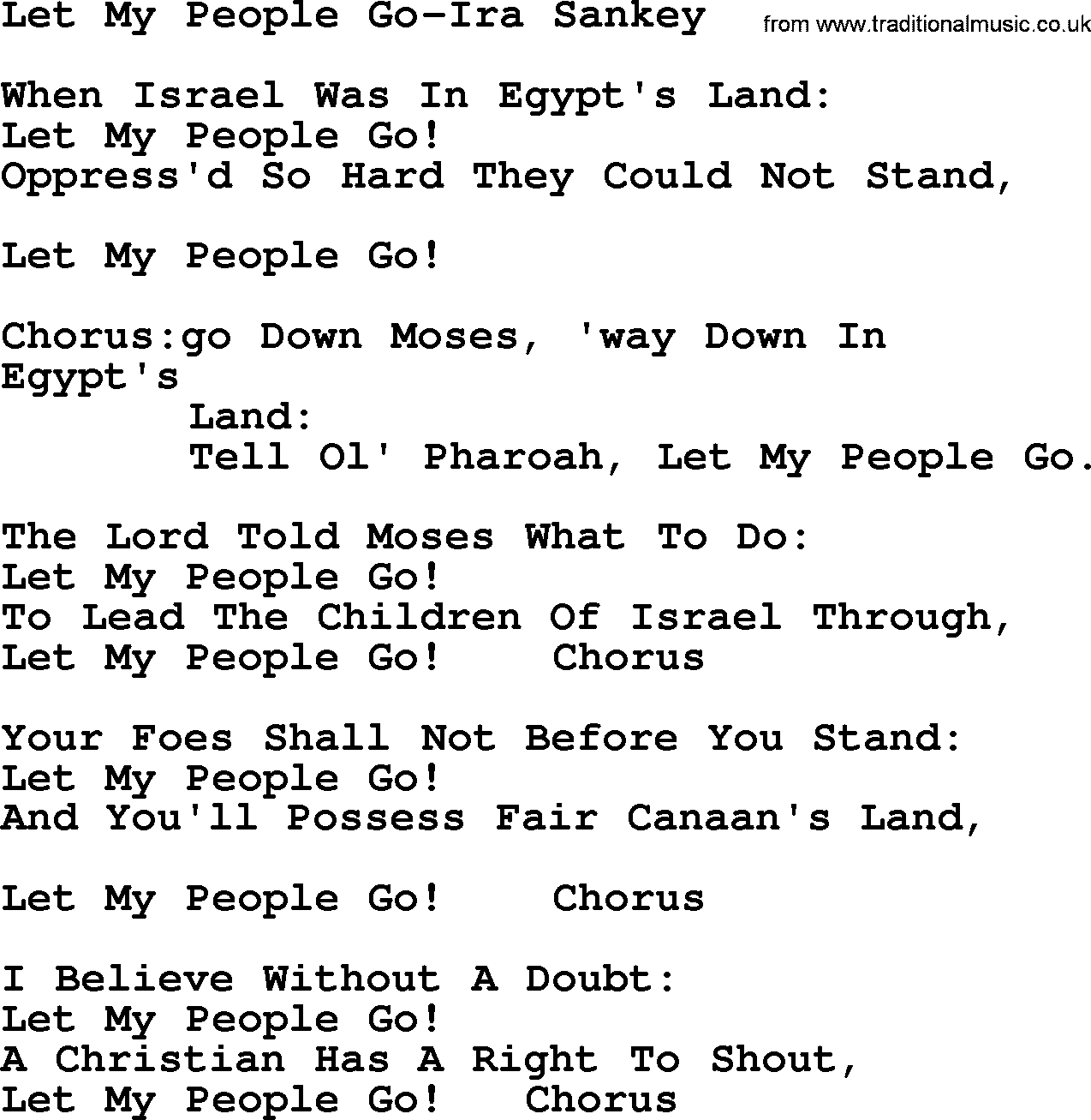 Ira Sankey hymn: Let My People Go-Ira Sankey, lyrics