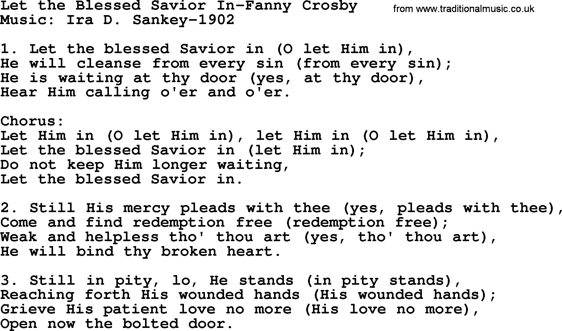 Ira Sankey hymn: Let the Blessed Savior In-Fanny Crosby-Ira Sankey, lyrics