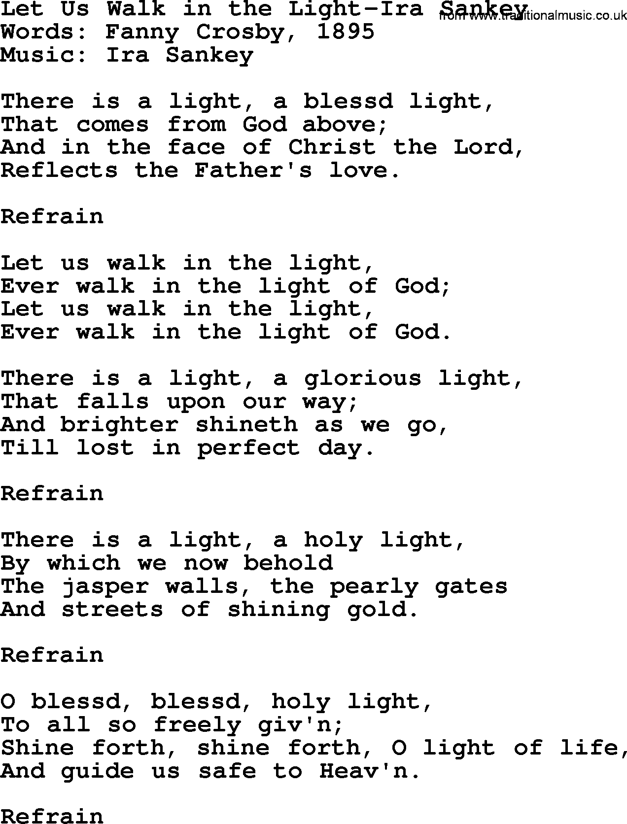 Ira Sankey hymn: Let Us Walk in the Light-Ira Sankey, lyrics