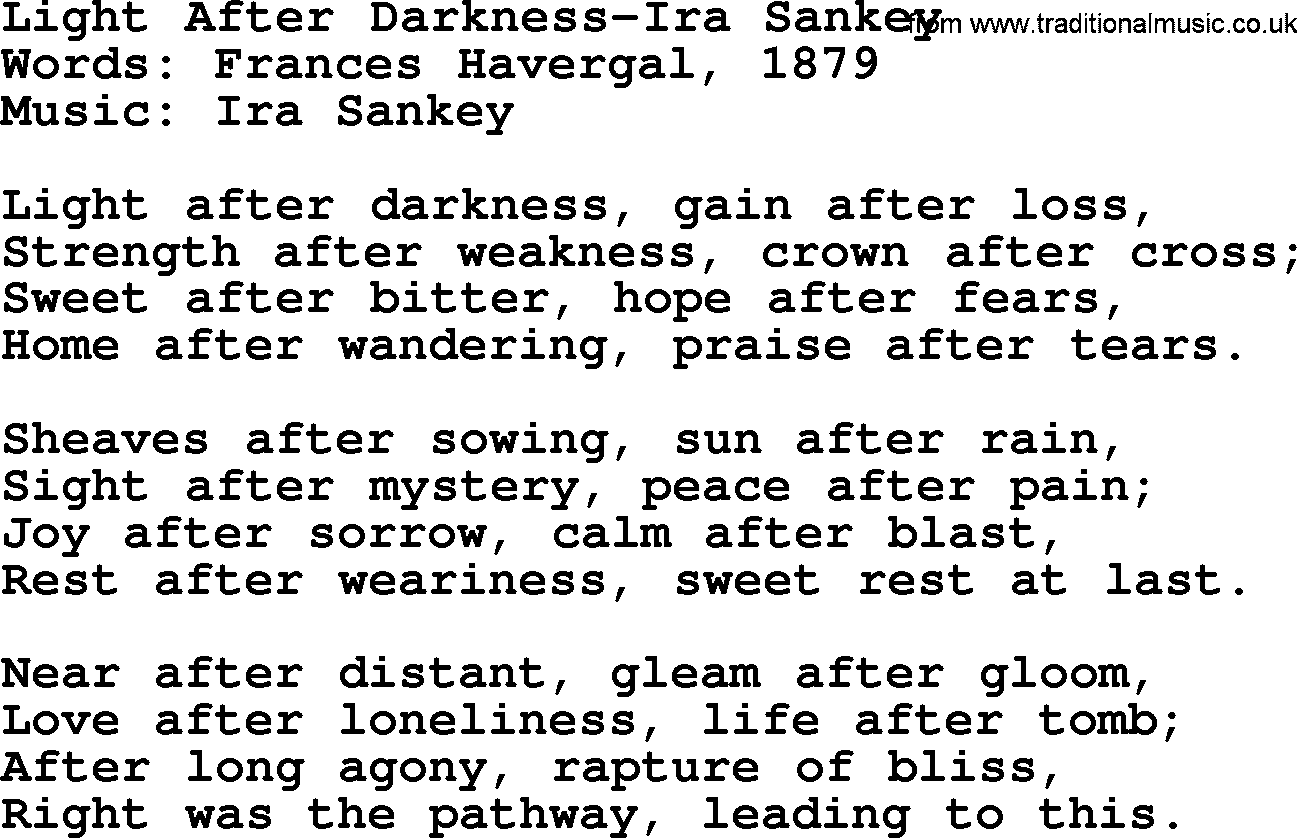 Ira Sankey hymn: Light After Darkness-Ira Sankey, lyrics