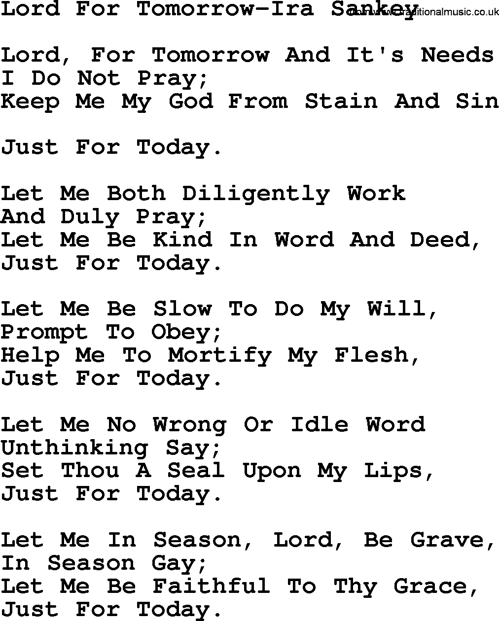 Ira Sankey hymn: Lord For Tomorrow-Ira Sankey, lyrics