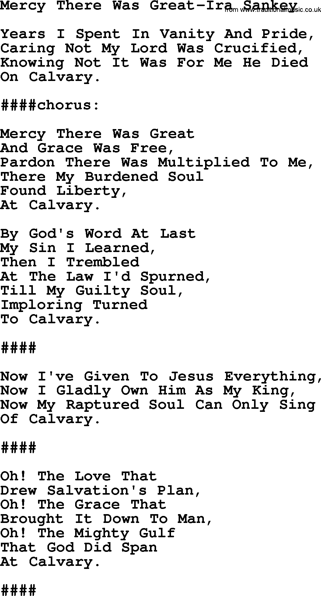 Ira Sankey hymn: Mercy There Was Great-Ira Sankey, lyrics