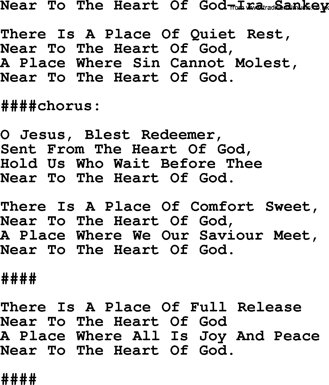 Ira Sankey hymn: Near To The Heart Of God-Ira Sankey, lyrics
