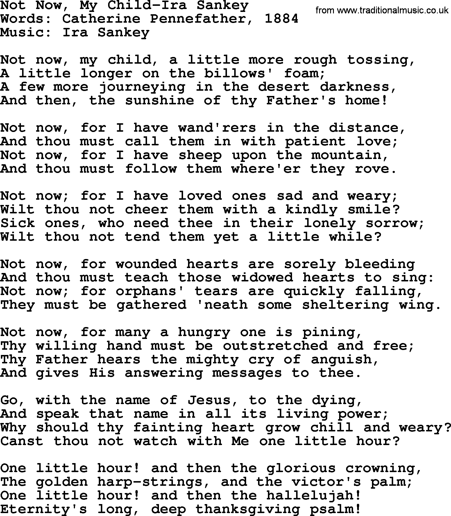 Ira Sankey hymn: Not Now, My Child-Ira Sankey, lyrics