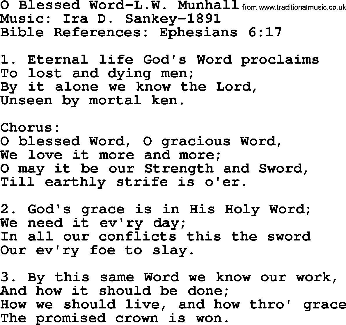 Ira Sankey hymn: O Blessed Word-Ira Sankey, lyrics