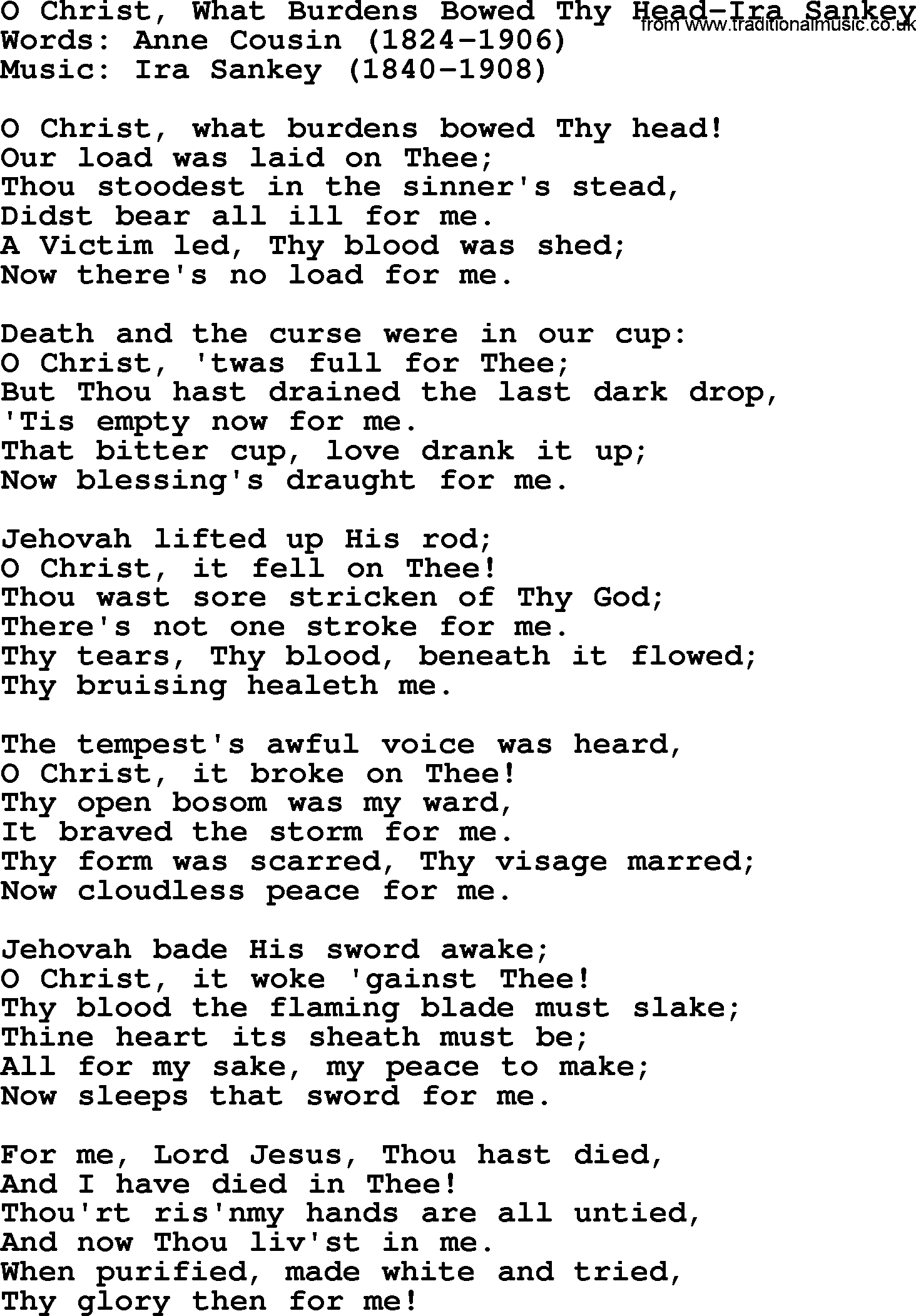 Ira Sankey hymn: O Christ, What Burdens Bowed Thy Head-Ira Sankey, lyrics