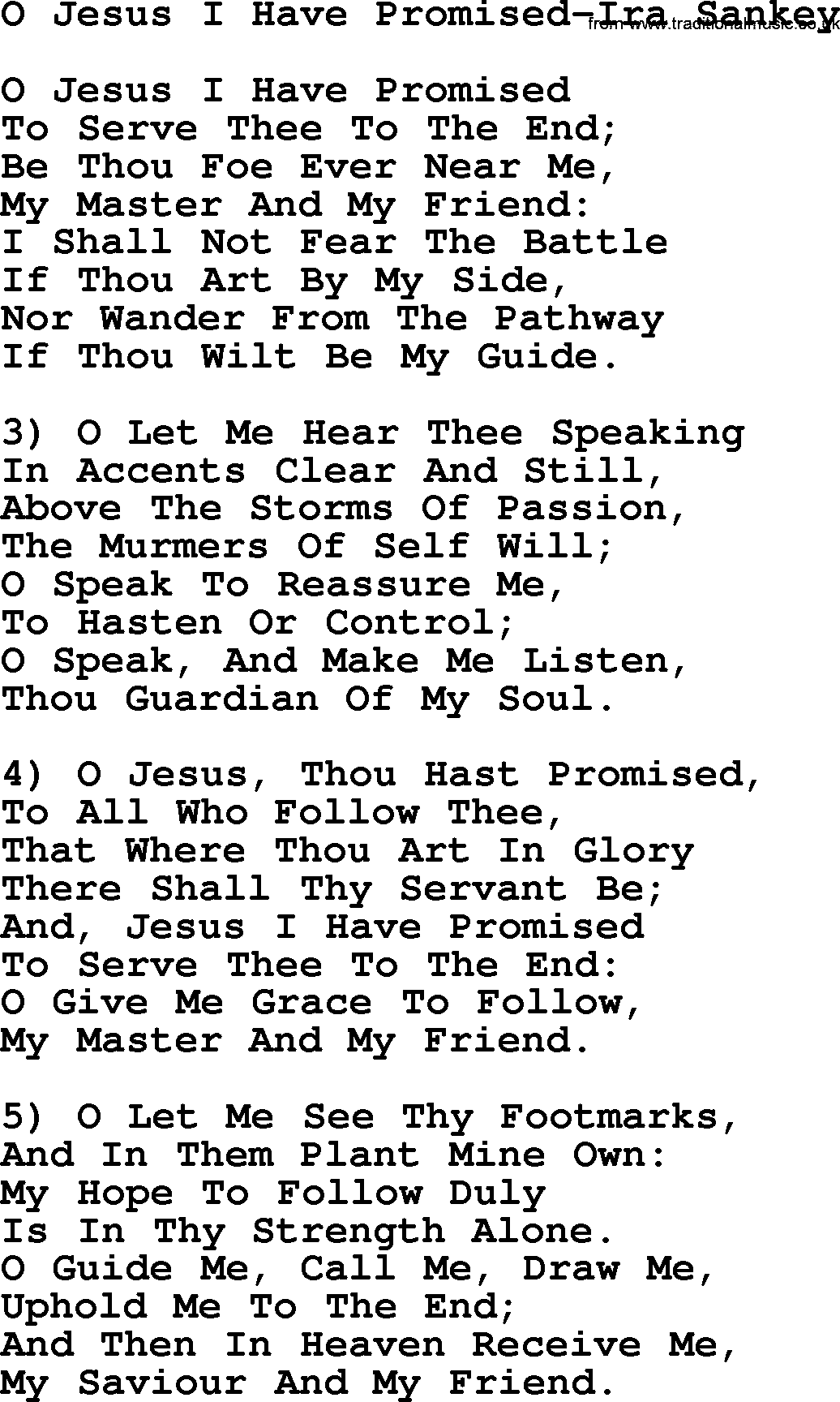 Ira Sankey hymn: O Jesus I Have Promised-Ira Sankey, lyrics