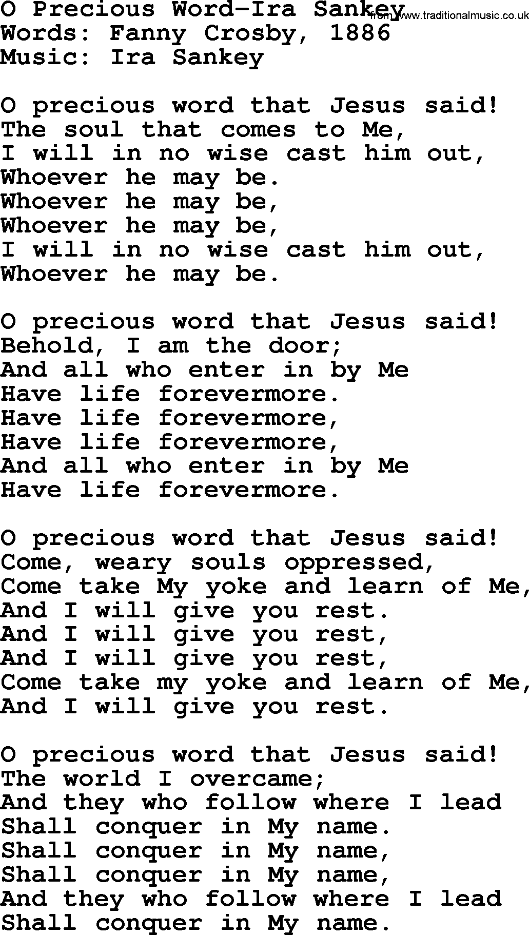 Ira Sankey hymn: O Precious Word-Ira Sankey, lyrics
