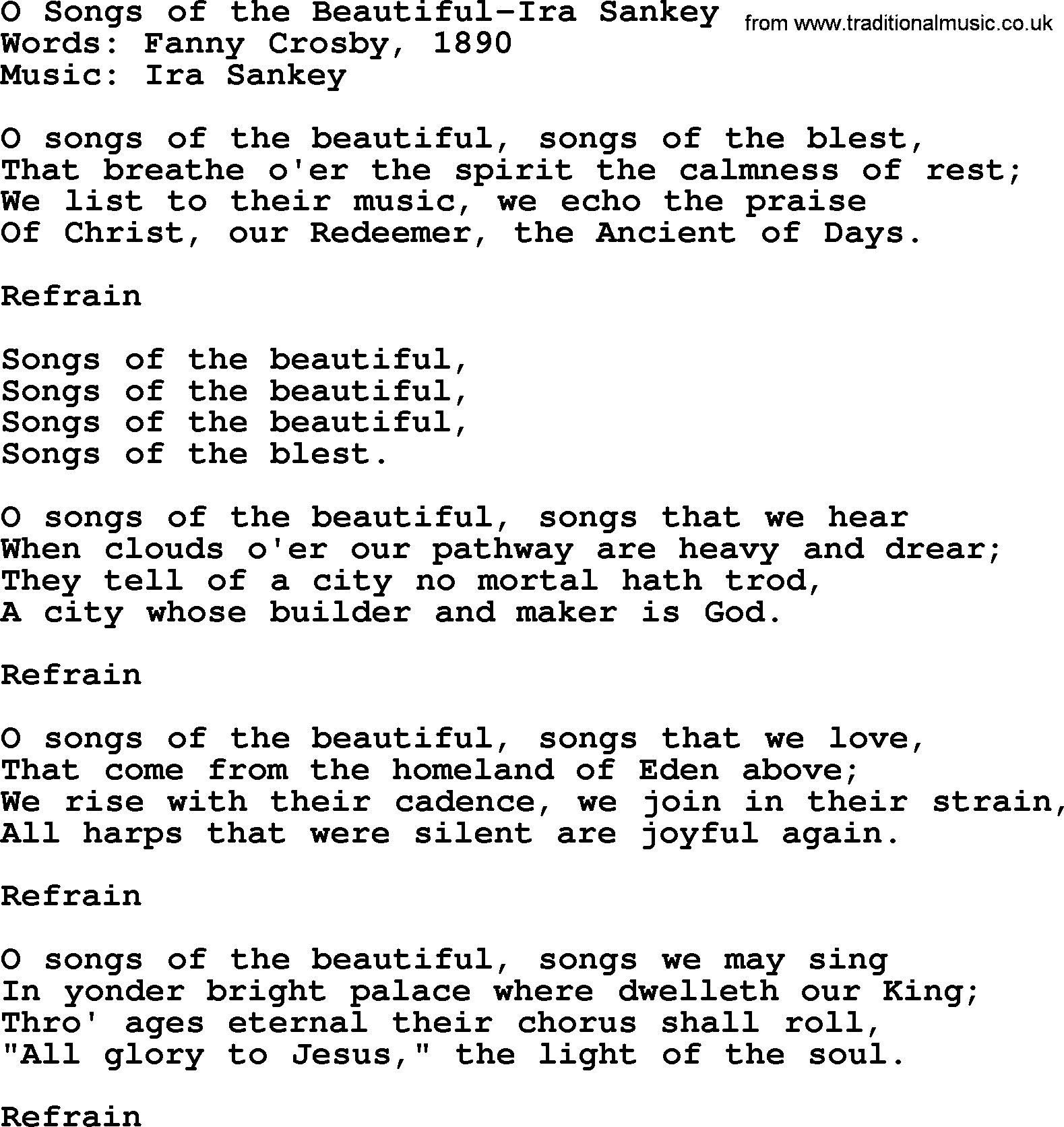 Ira Sankey hymn: O Songs of the Beautiful-Ira Sankey, lyrics