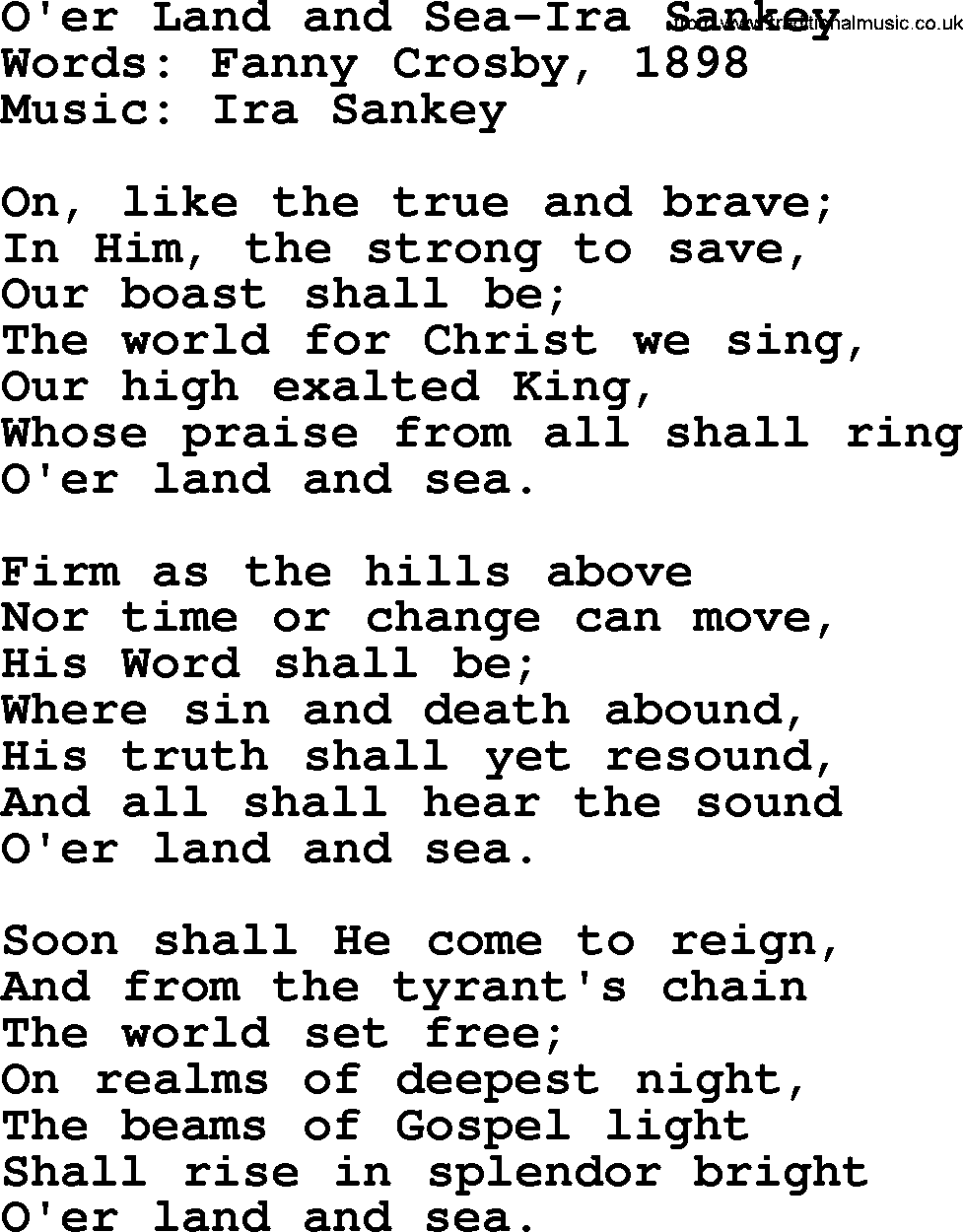 Ira Sankey hymn: O'er Land and Sea-Ira Sankey, lyrics