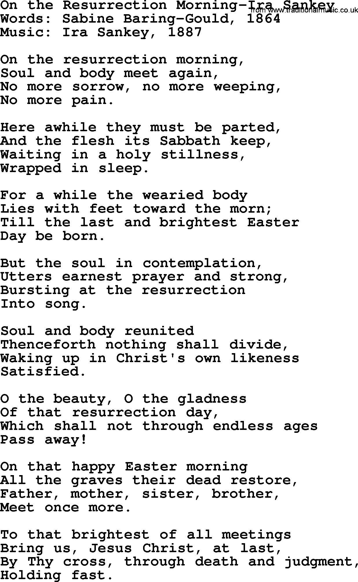 Ira Sankey hymn: On the Resurrection Morning-Ira Sankey, lyrics