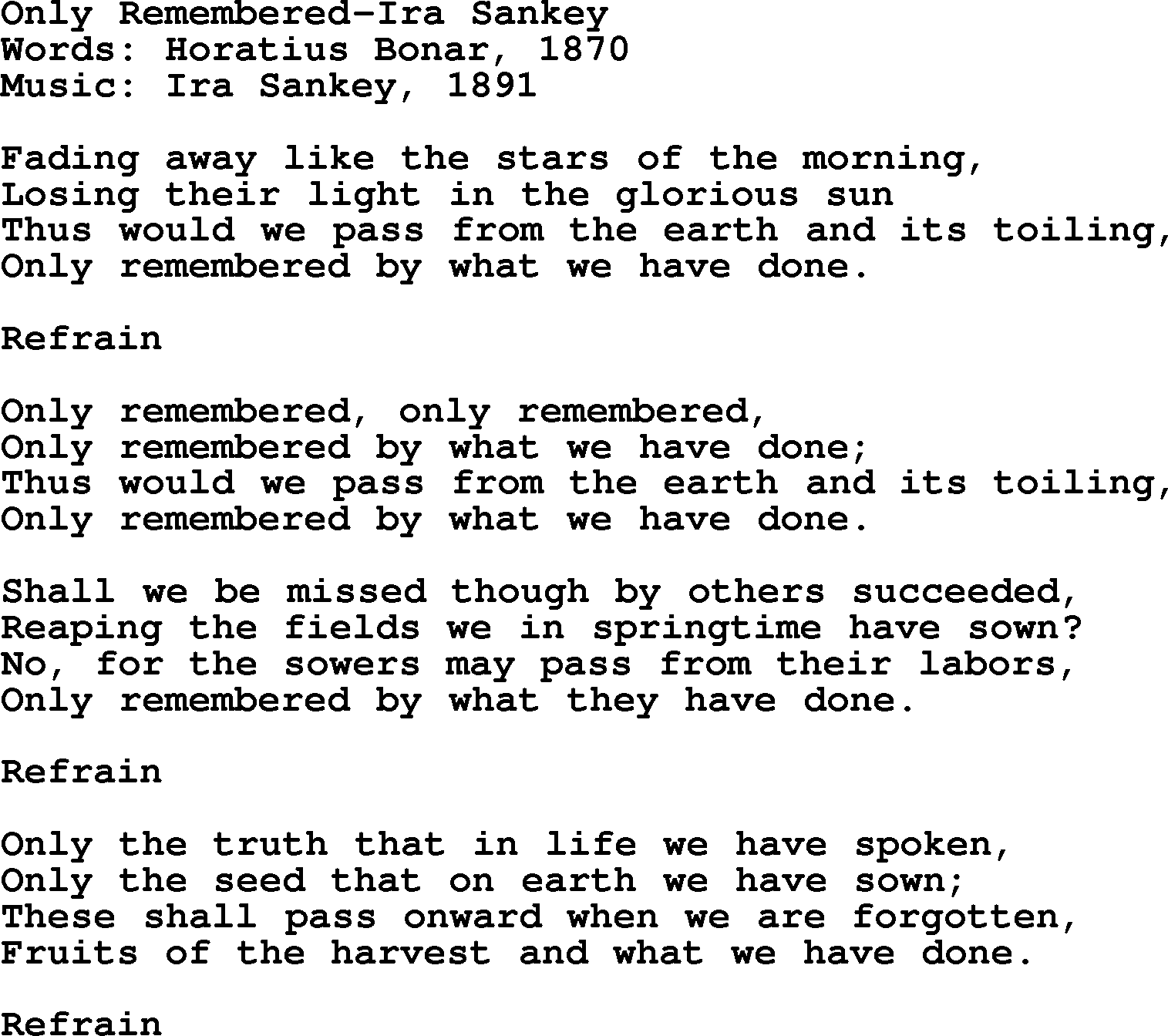 Ira Sankey hymn: Only Remembered-Ira Sankey, lyrics