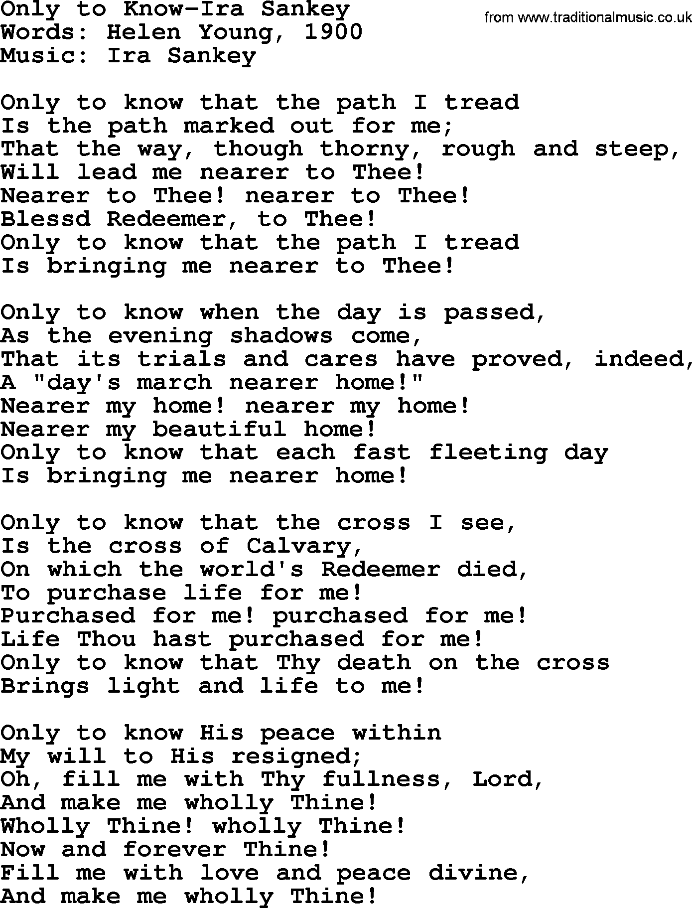 Ira Sankey hymn: Only to Know-Ira Sankey, lyrics