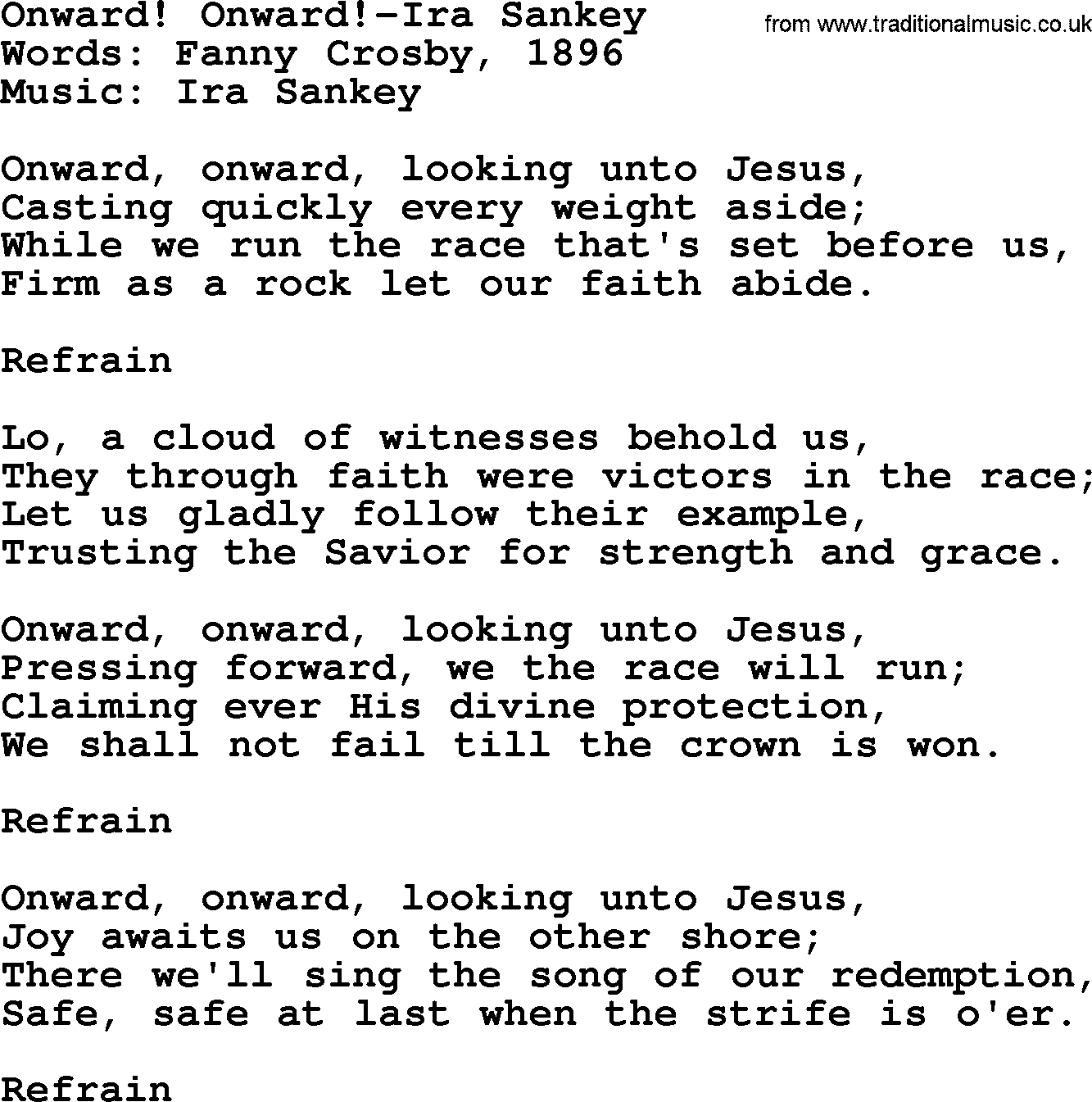 Ira Sankey hymn: Onward! Onward!-Ira Sankey, lyrics