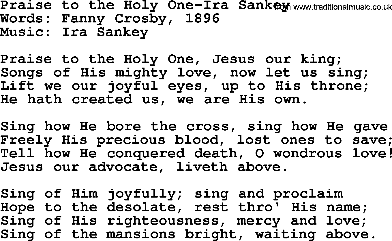 Ira Sankey hymn: Praise to the Holy One-Ira Sankey, lyrics
