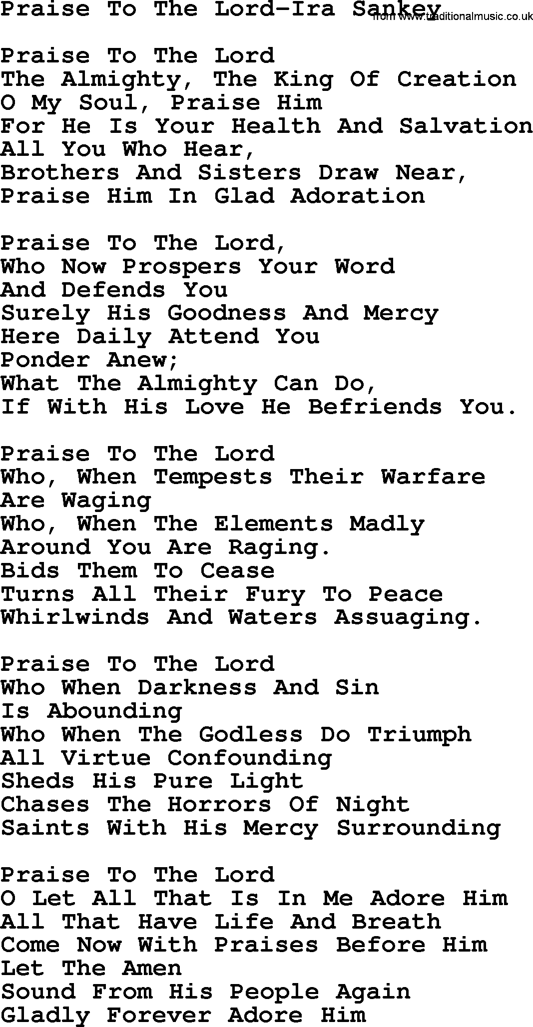 Ira Sankey hymn: Praise To The Lord-Ira Sankey, lyrics
