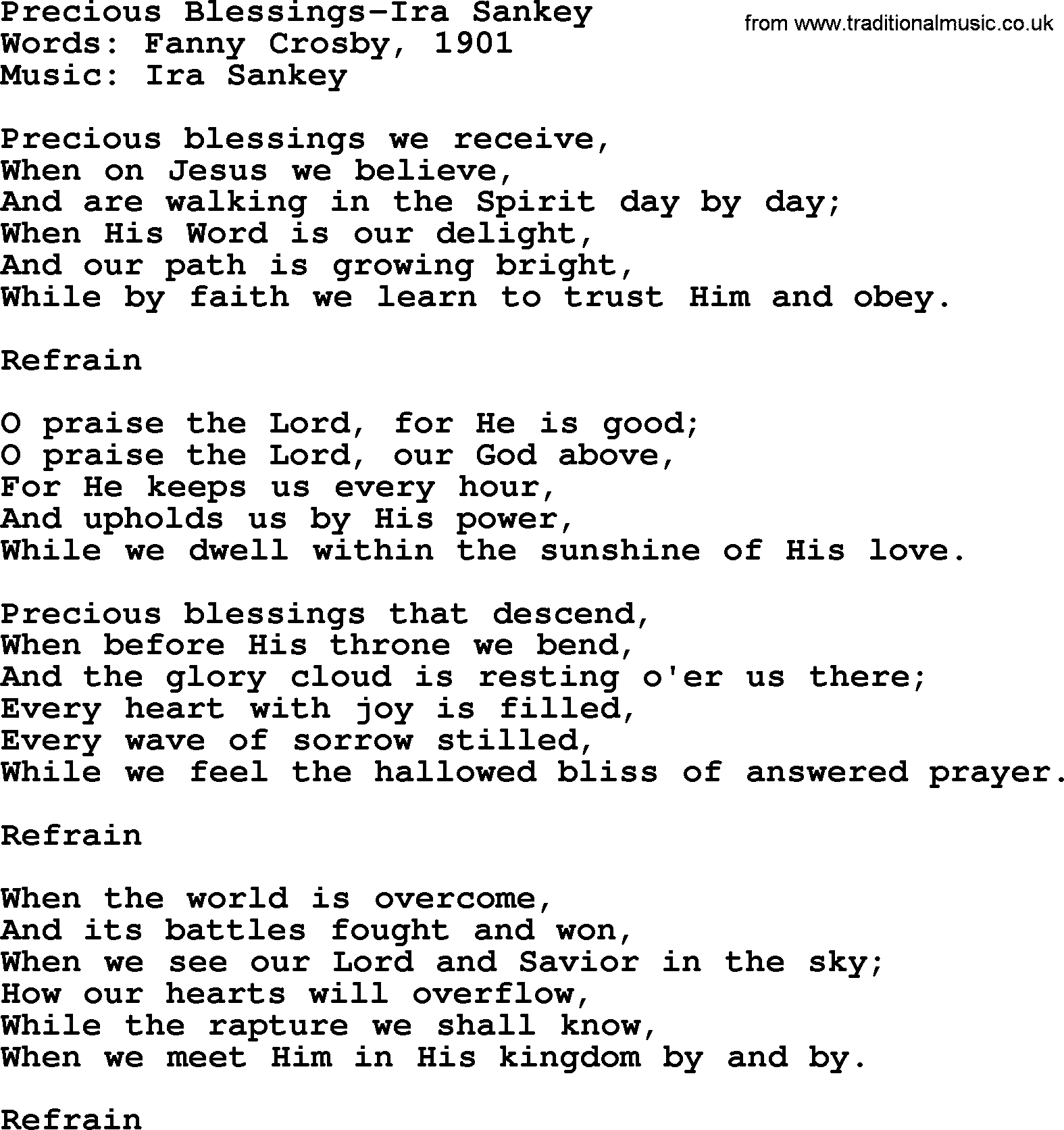 Ira Sankey hymn: Precious Blessings-Ira Sankey, lyrics