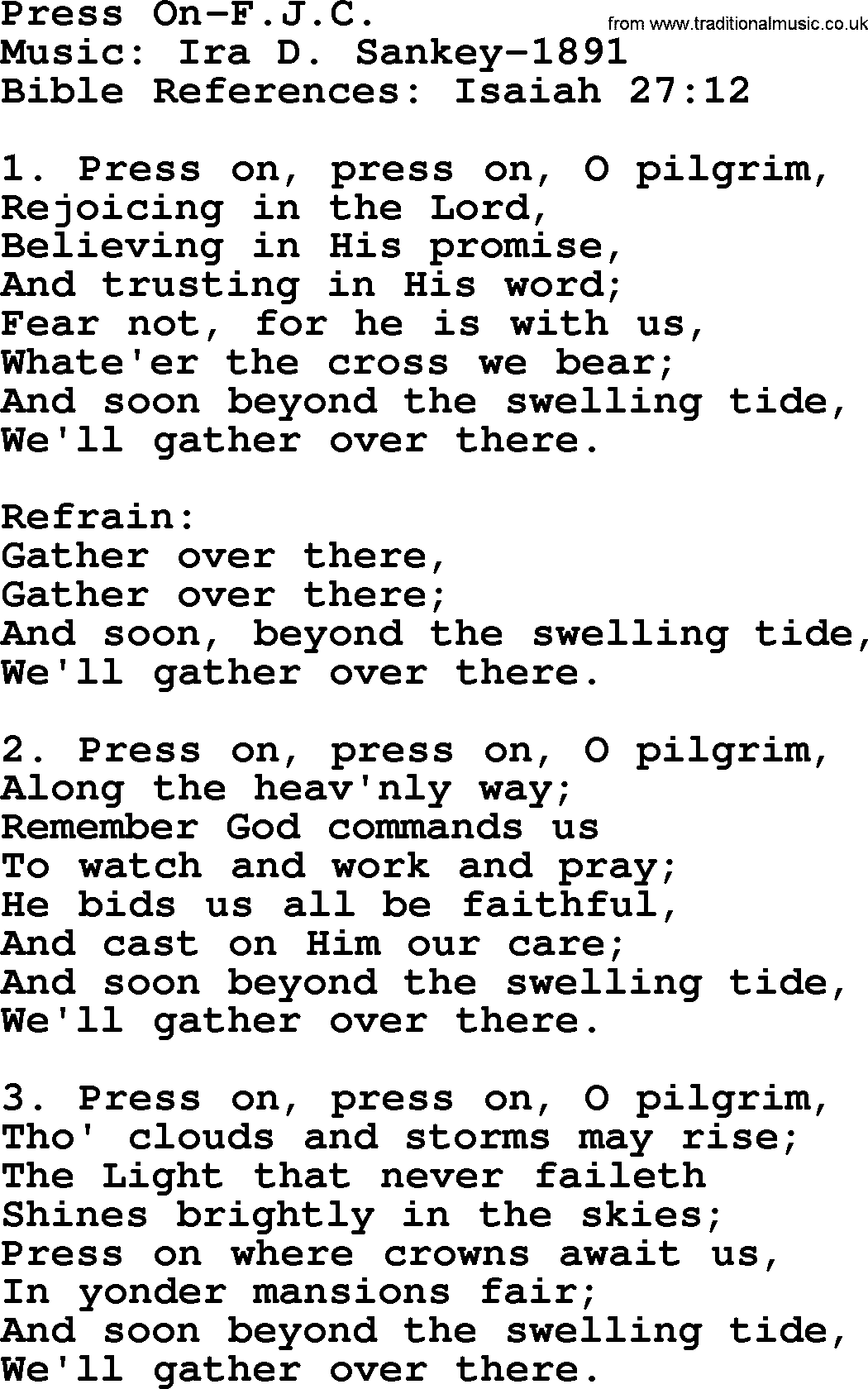 Ira Sankey hymn: Press On-Ira Sankey, lyrics