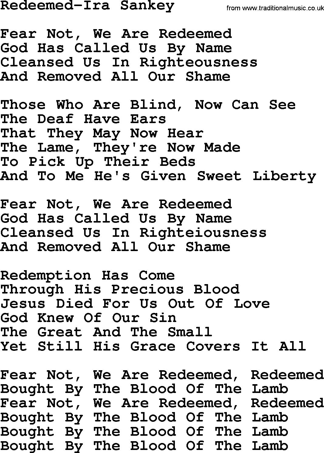 Ira Sankey hymn: Redeemed-Ira Sankey, lyrics