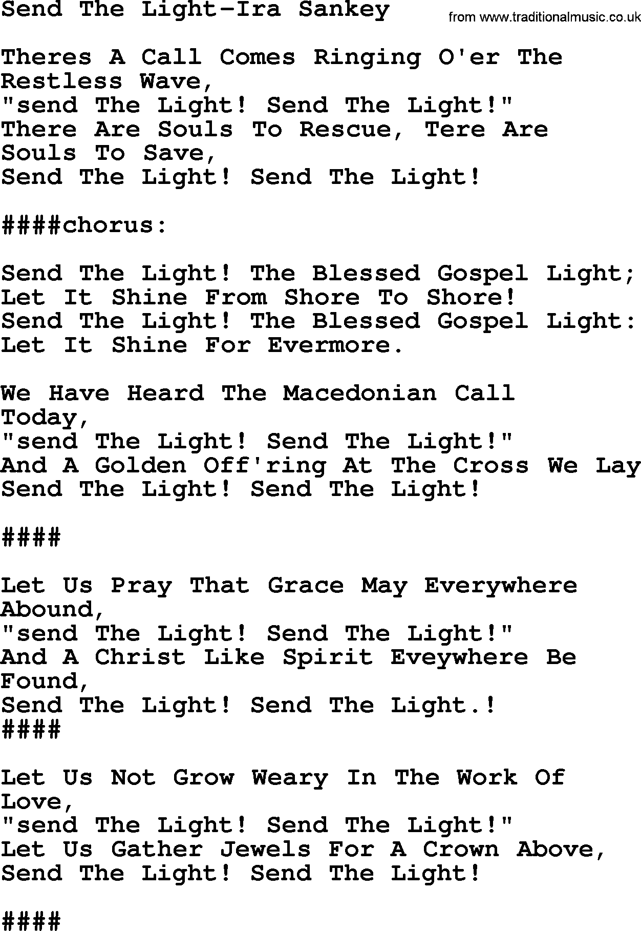 Ira Sankey hymn: Send The Light-Ira Sankey, lyrics