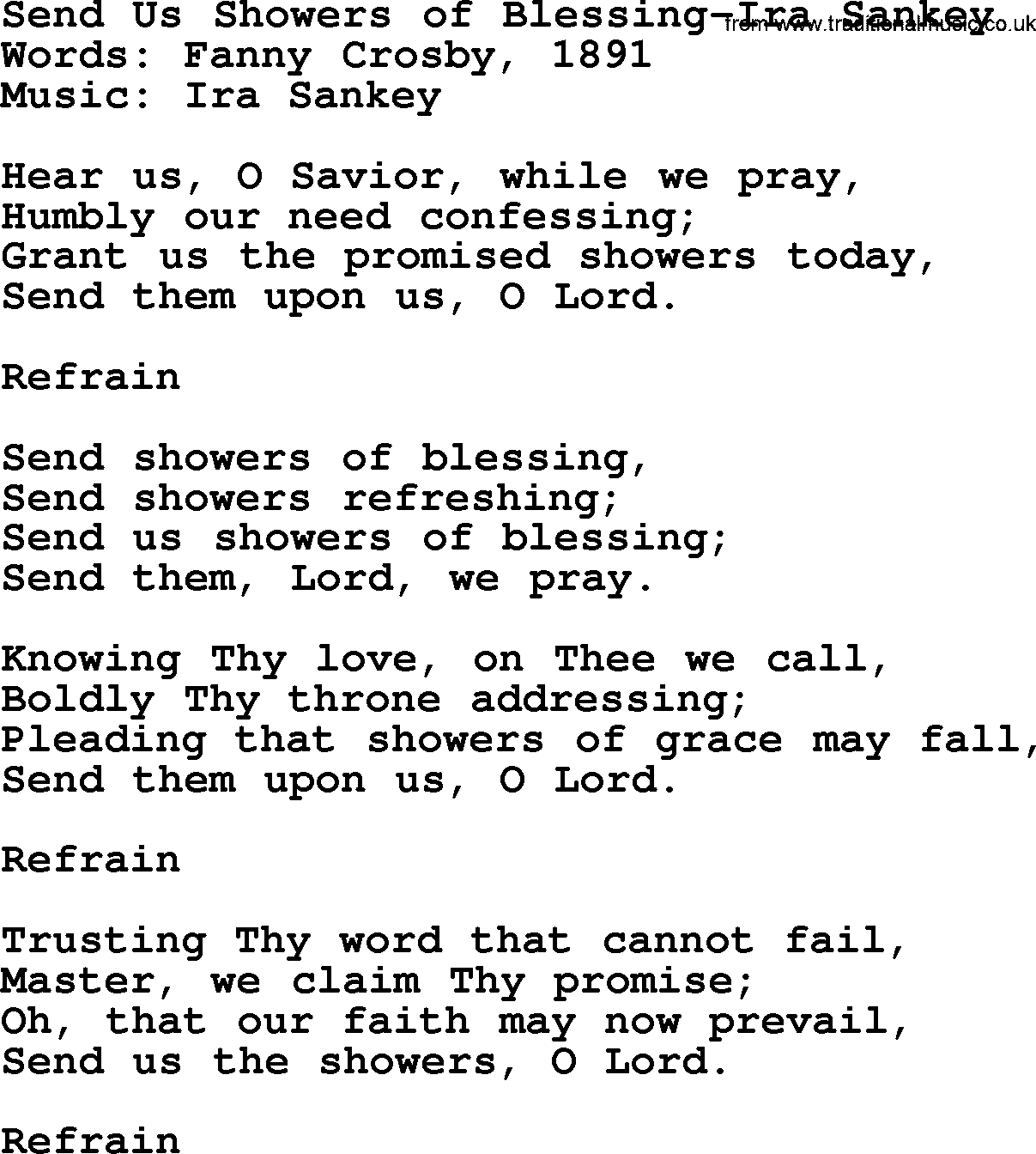Ira Sankey hymn: Send Us Showers of Blessing-Ira Sankey, lyrics