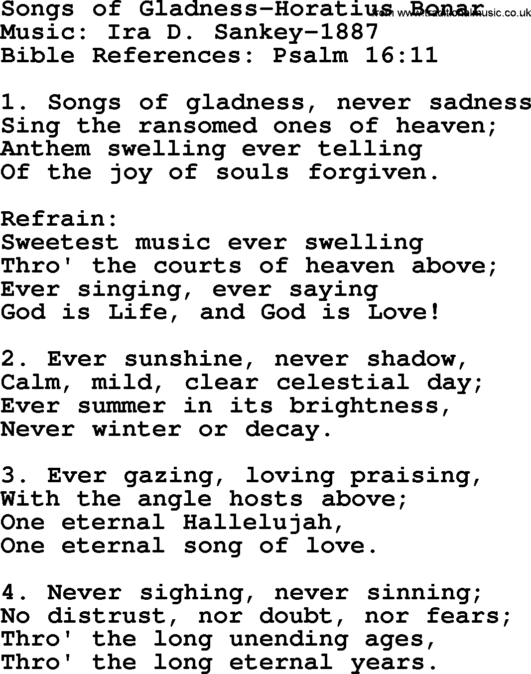 Ira Sankey hymn: Songs of Gladness-Horatius Bonar-Ira Sankey, lyrics