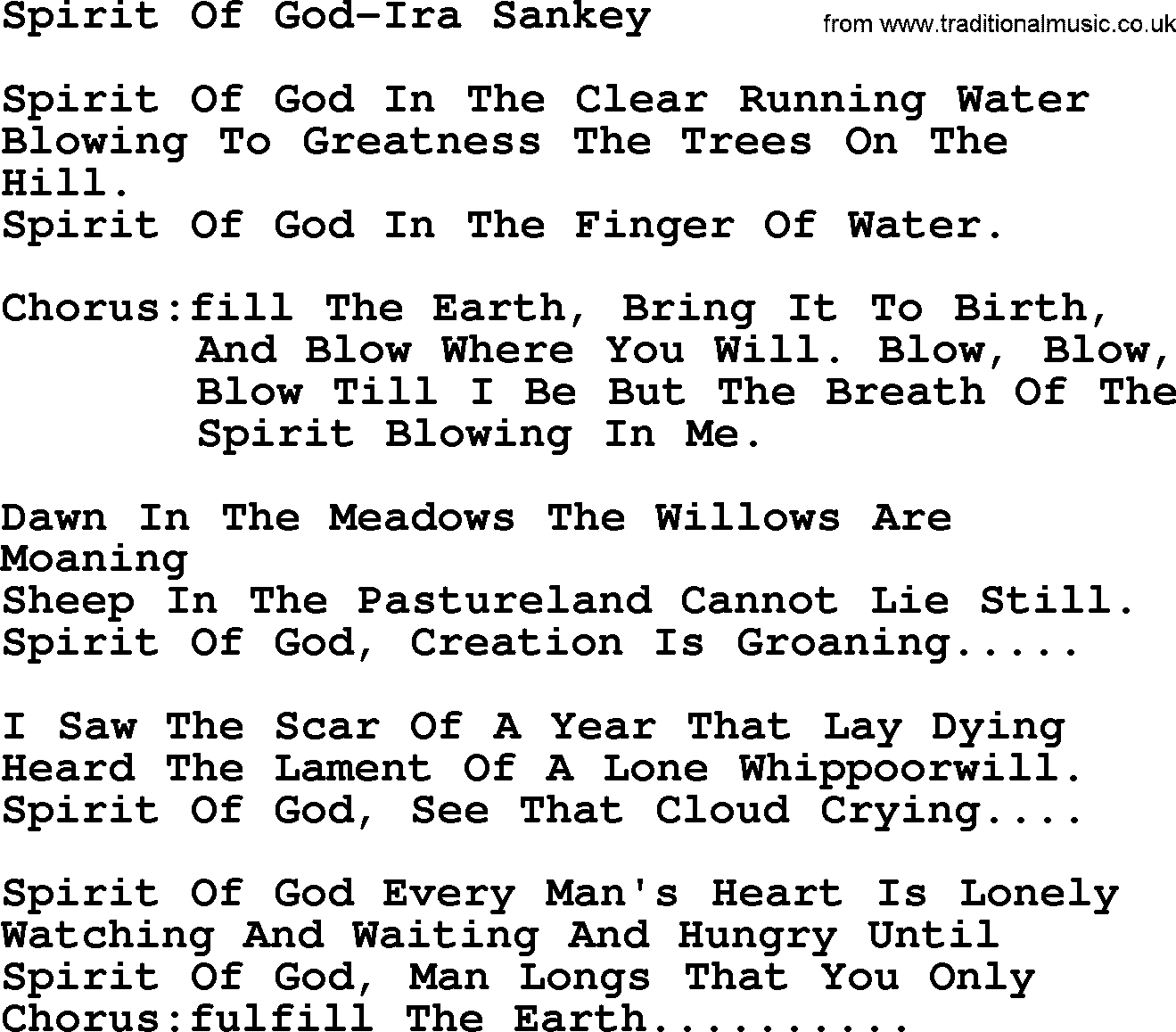 Ira Sankey hymn: Spirit Of God-Ira Sankey, lyrics
