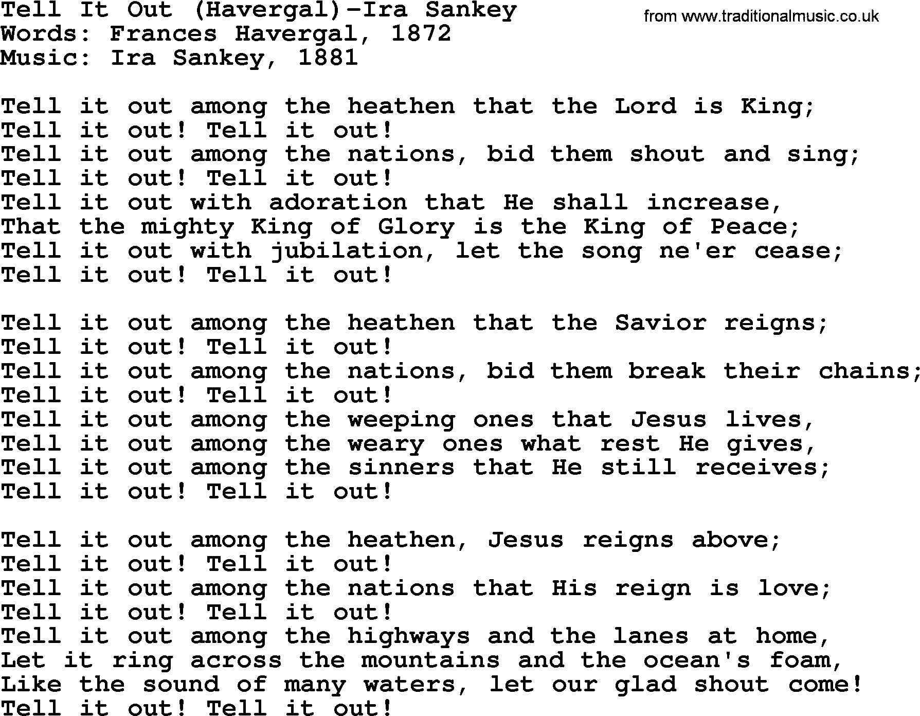 Ira Sankey hymn: Tell It Out (Havergal)-Ira Sankey, lyrics