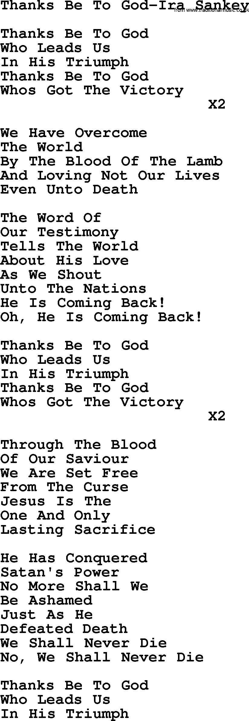 Ira Sankey hymn: Thanks Be To God-Ira Sankey, lyrics
