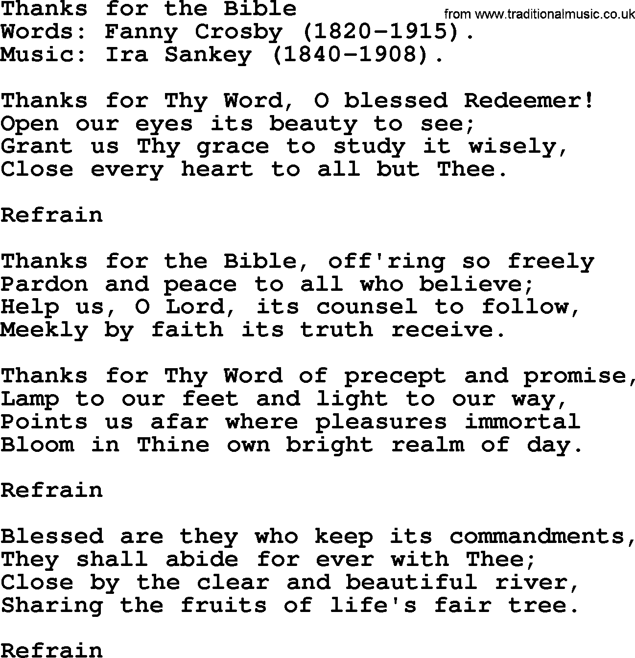Ira Sankey hymn: Thanks for the Bible, lyrics
