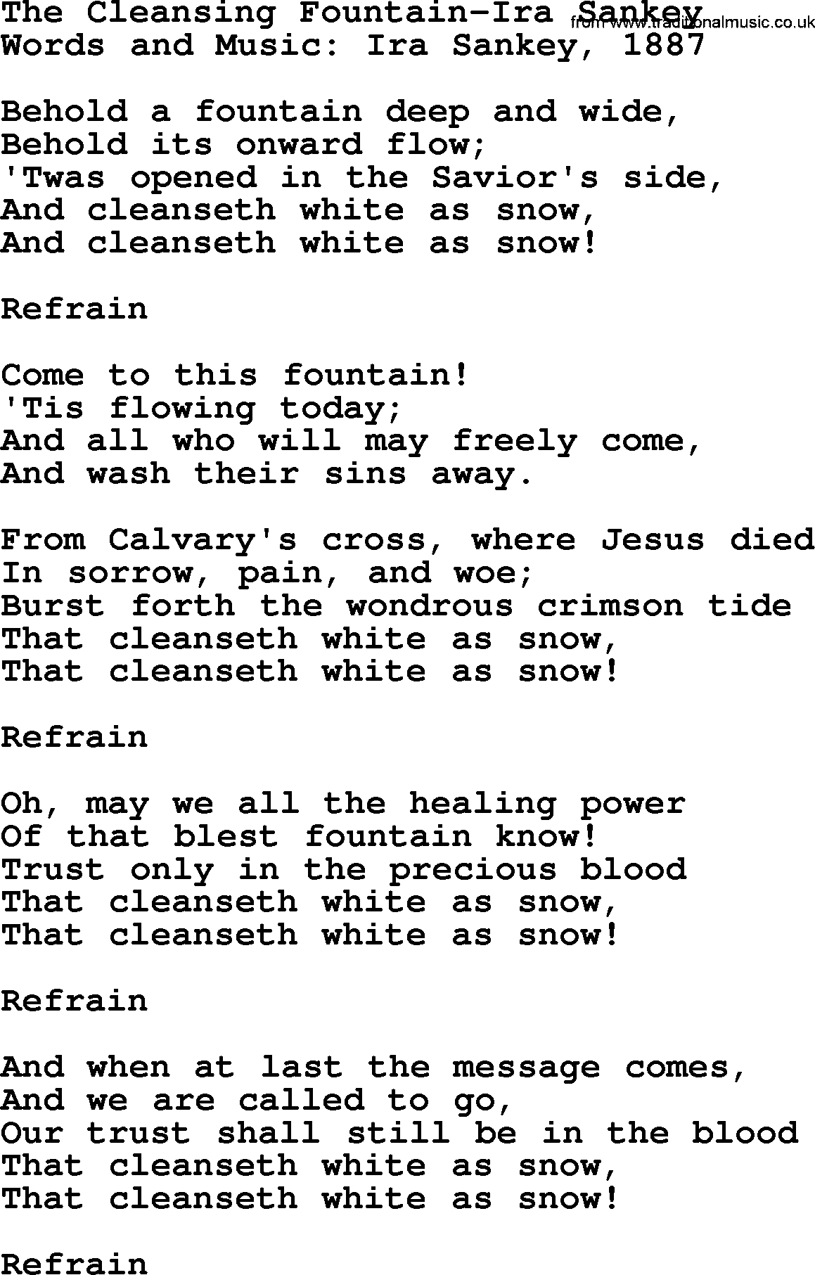 Ira Sankey hymn: The Cleansing Fountain-Ira Sankey, lyrics