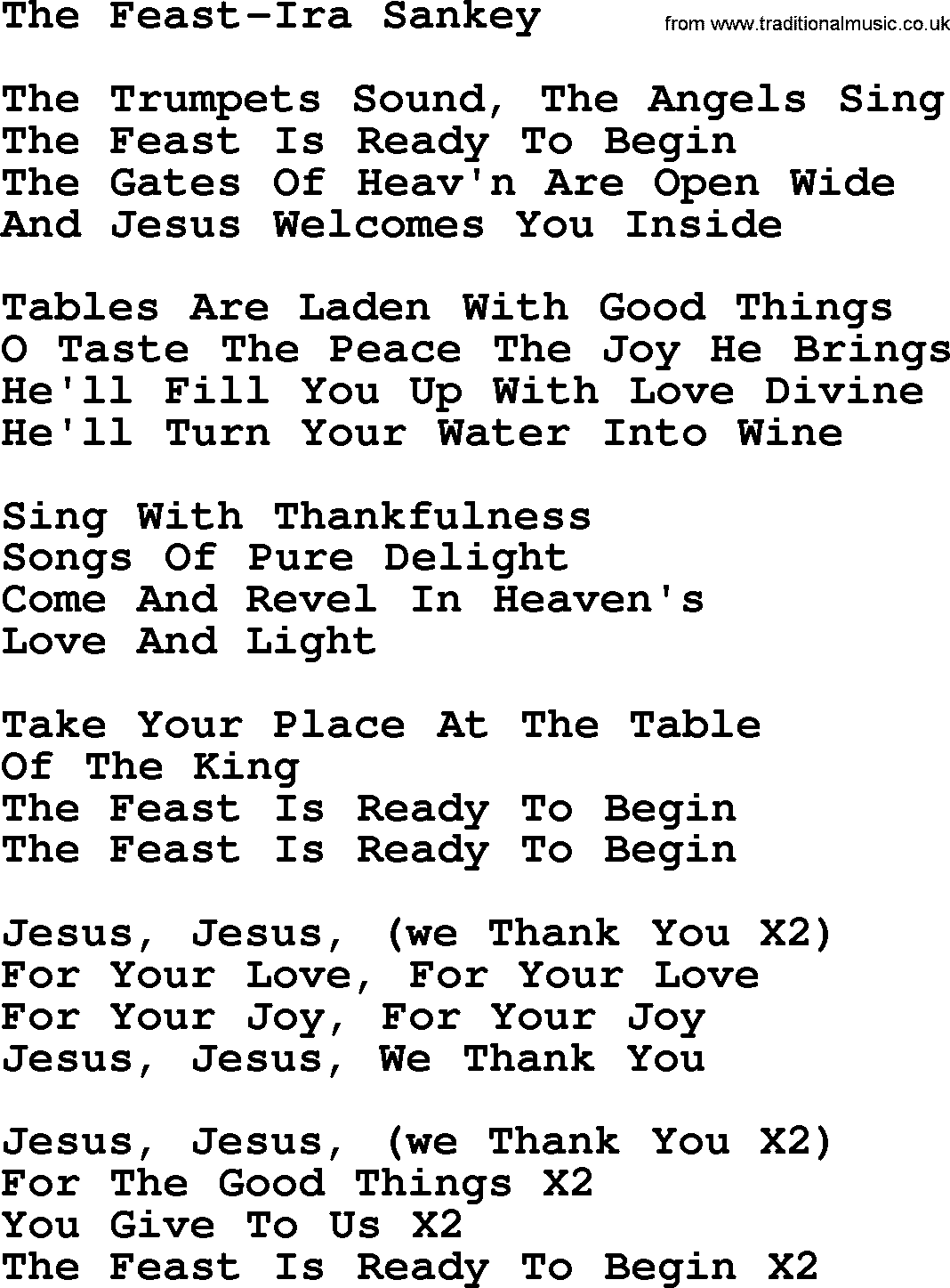 Ira Sankey hymn: The Feast-Ira Sankey, lyrics