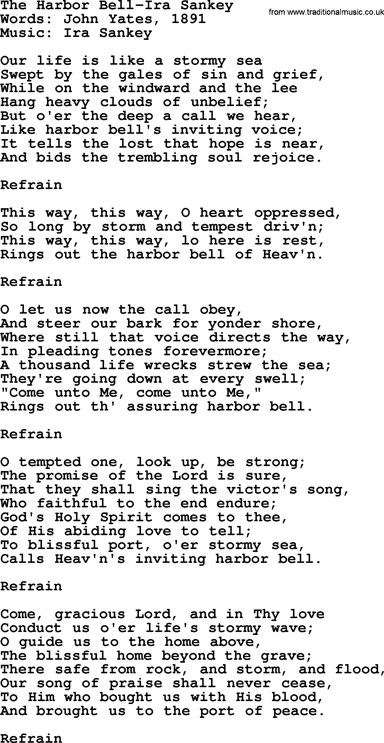 Ira Sankey hymn: The Harbor Bell-Ira Sankey, lyrics
