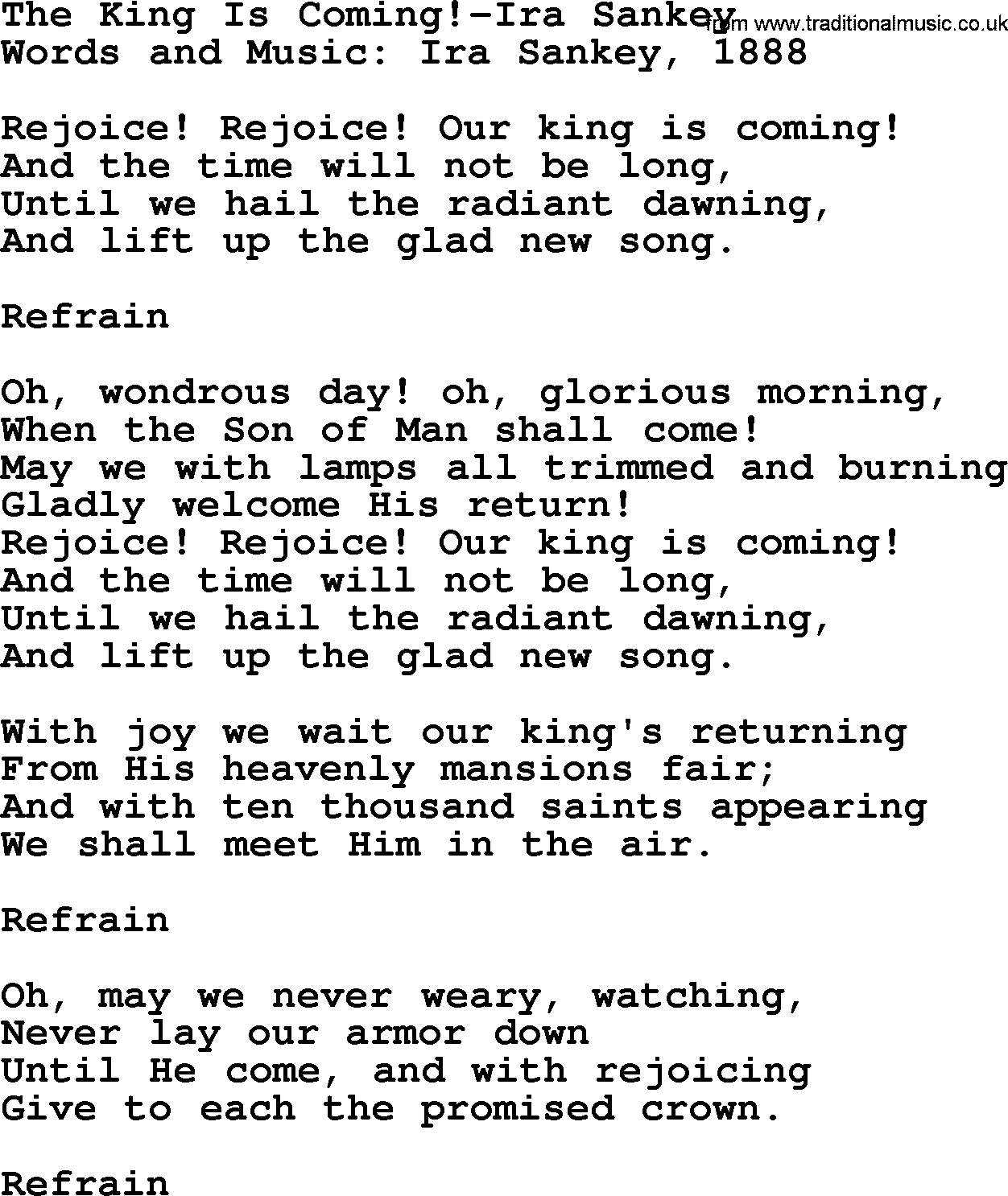 Ira Sankey hymn: The King Is Coming!-Ira Sankey, lyrics