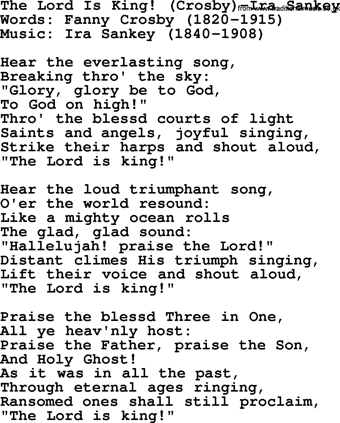 Ira Sankey hymn: The Lord Is King!-Ira Sankey, lyrics