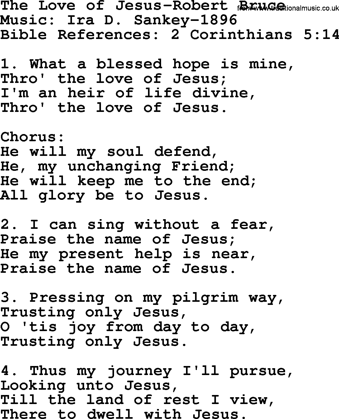Ira Sankey hymn: The Love of Jesus-Robert Bruce-Ira Sankey, lyrics