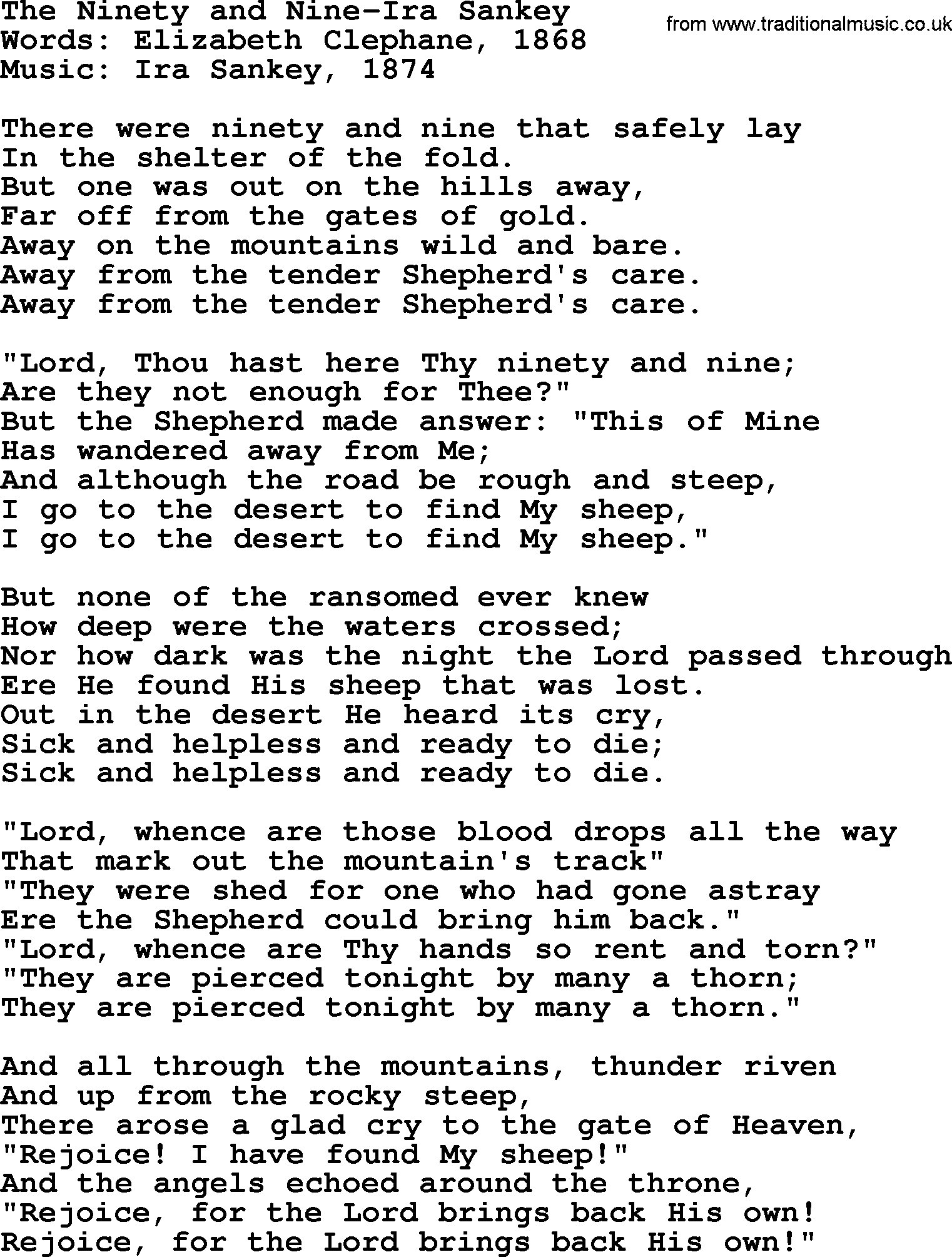 Ira Sankey hymn: The Ninety and Nine-Ira Sankey, lyrics