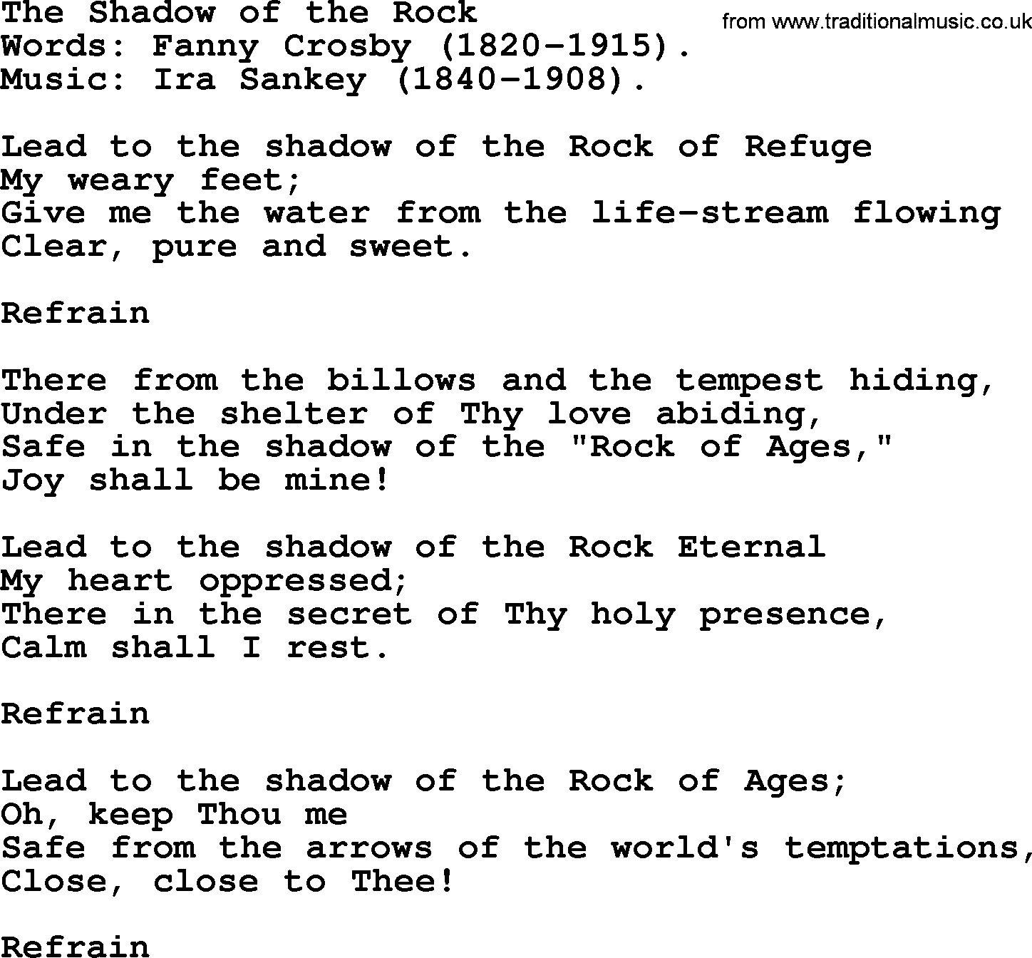 Ira Sankey hymn: The Shadow of the Rock-Ira Sankey, lyrics