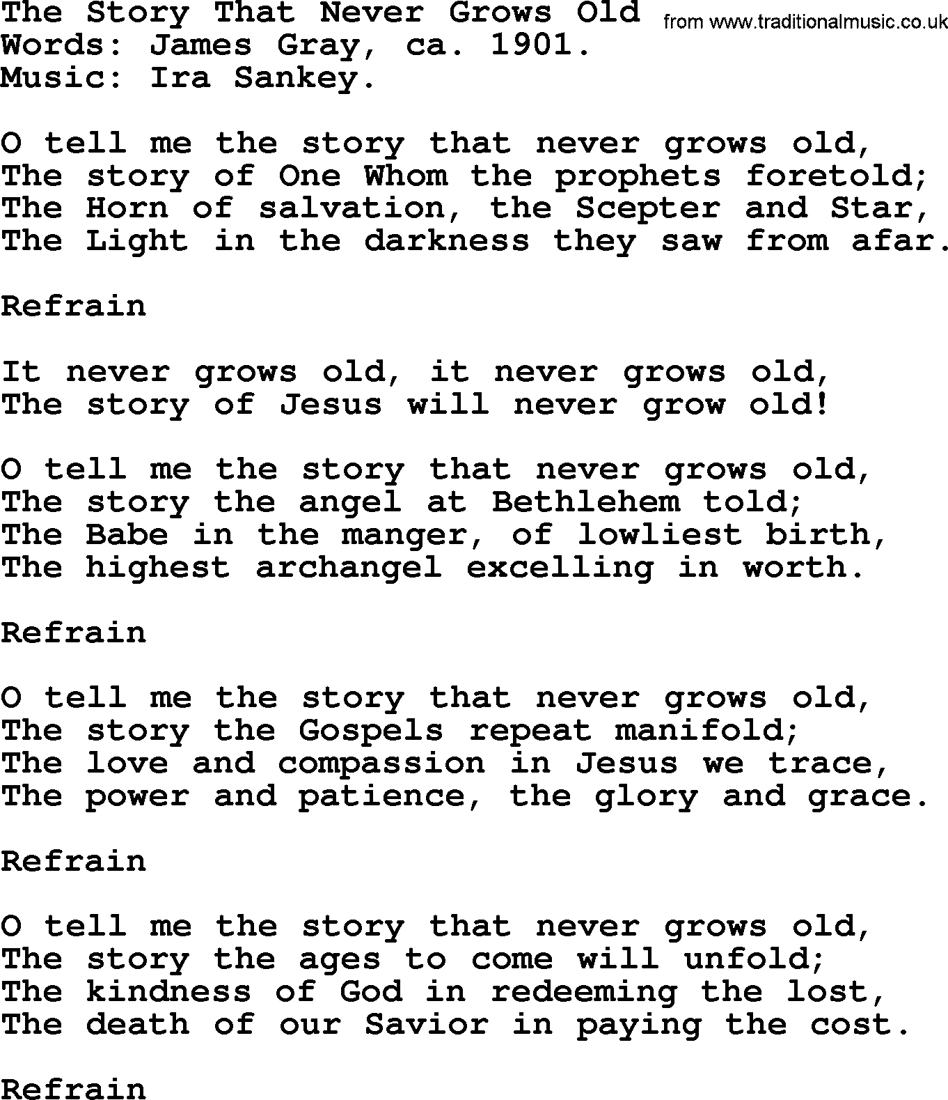 Ira Sankey hymn: The Story That Never Grows Old-Ira Sankey, lyrics