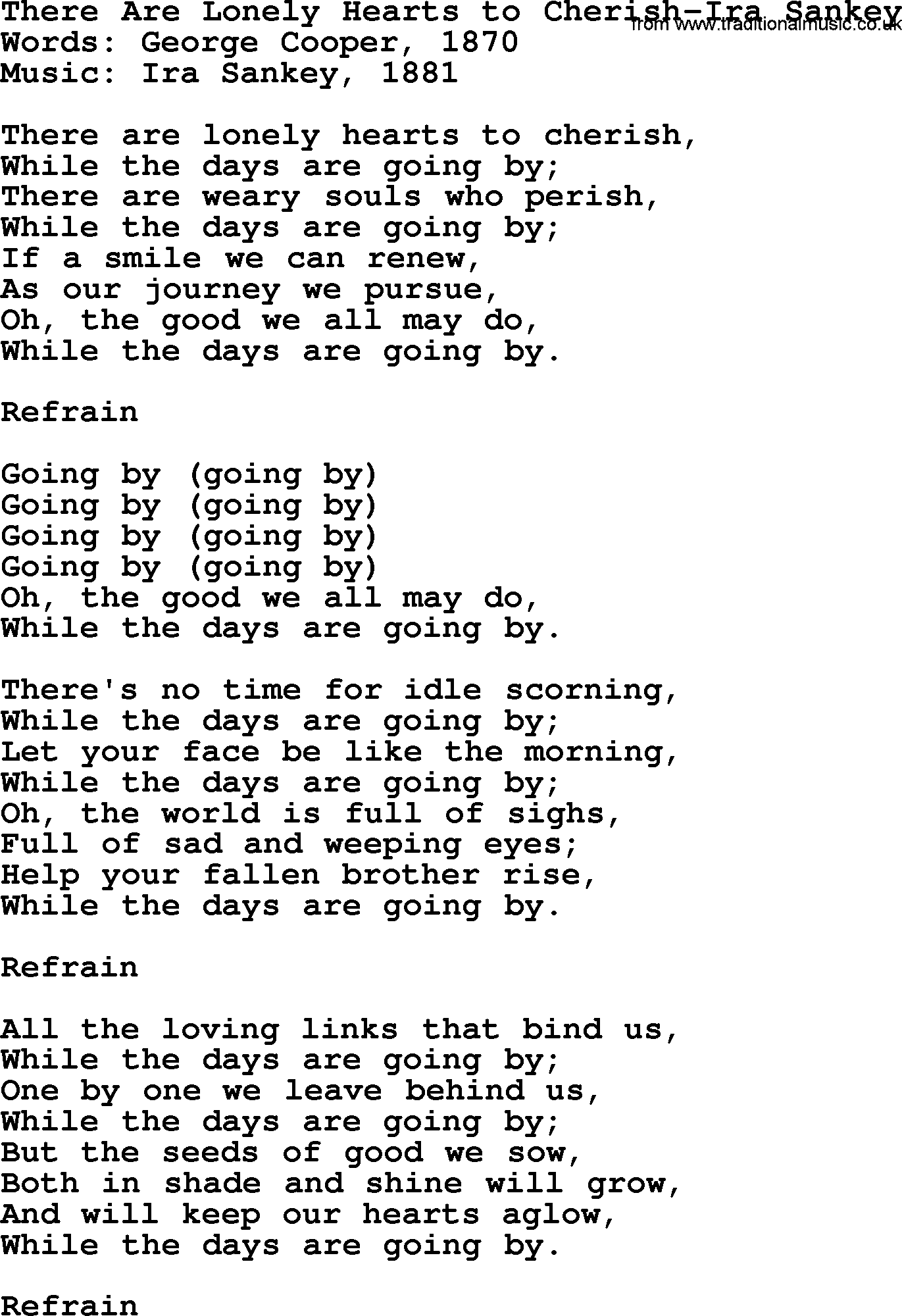 Ira Sankey hymn: There Are Lonely Hearts to Cherish-Ira Sankey, lyrics