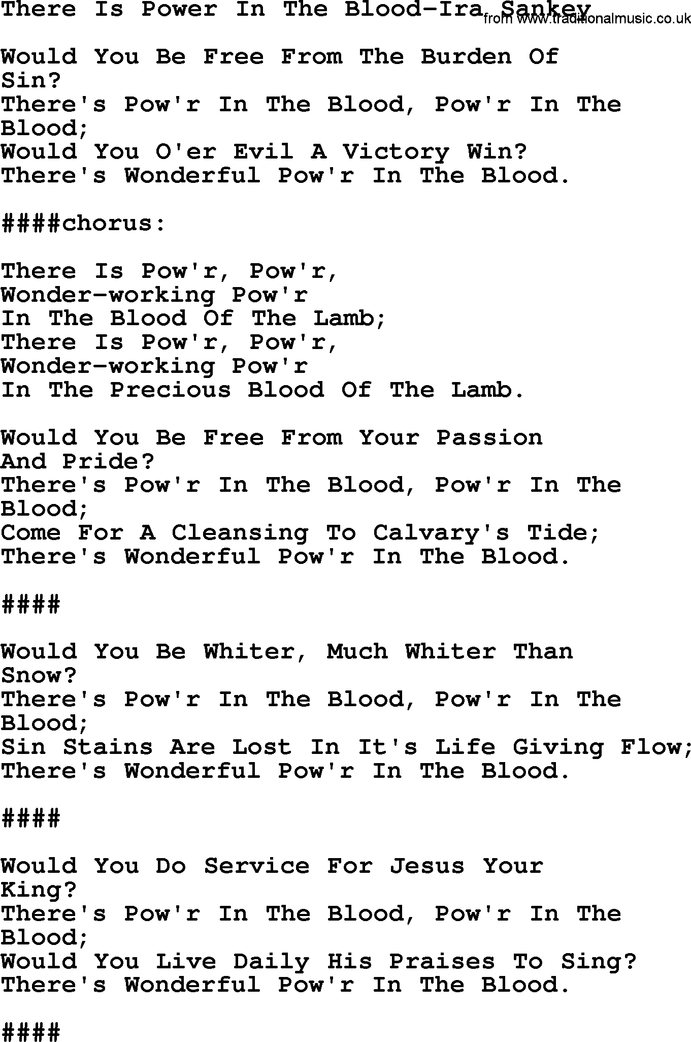 Ira Sankey hymn: There Is Power In The Blood-Ira Sankey, lyrics