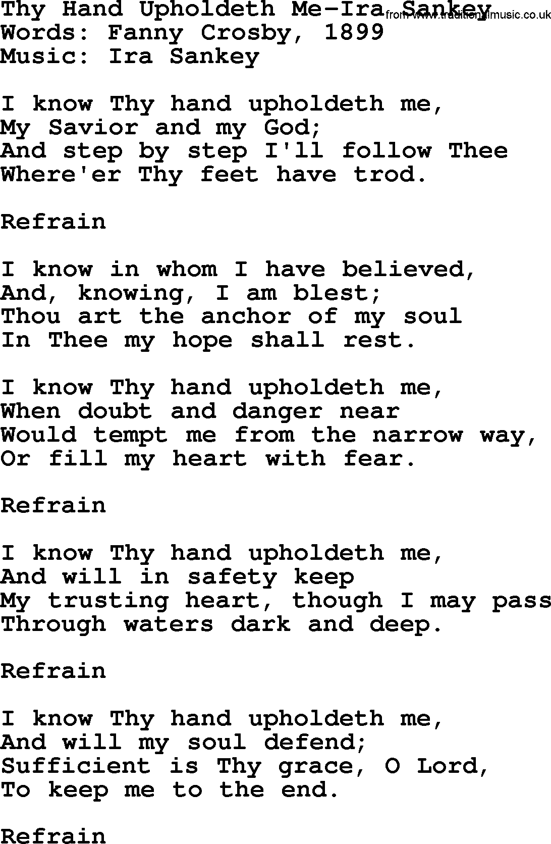 Ira Sankey hymn: Thy Hand Upholdeth Me-Ira Sankey, lyrics