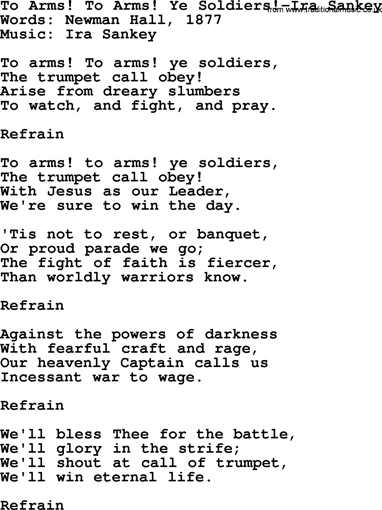Ira Sankey hymn: To Arms! To Arms! Ye Soldiers!-Ira Sankey, lyrics
