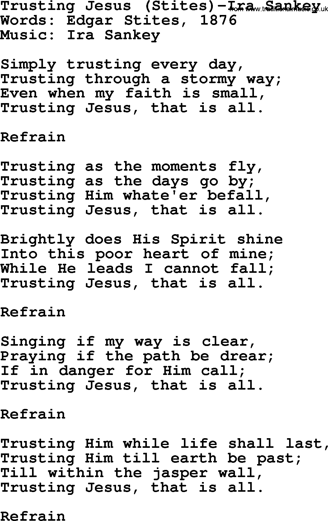 Ira Sankey hymn: Trusting Jesus-Ira Sankey, lyrics