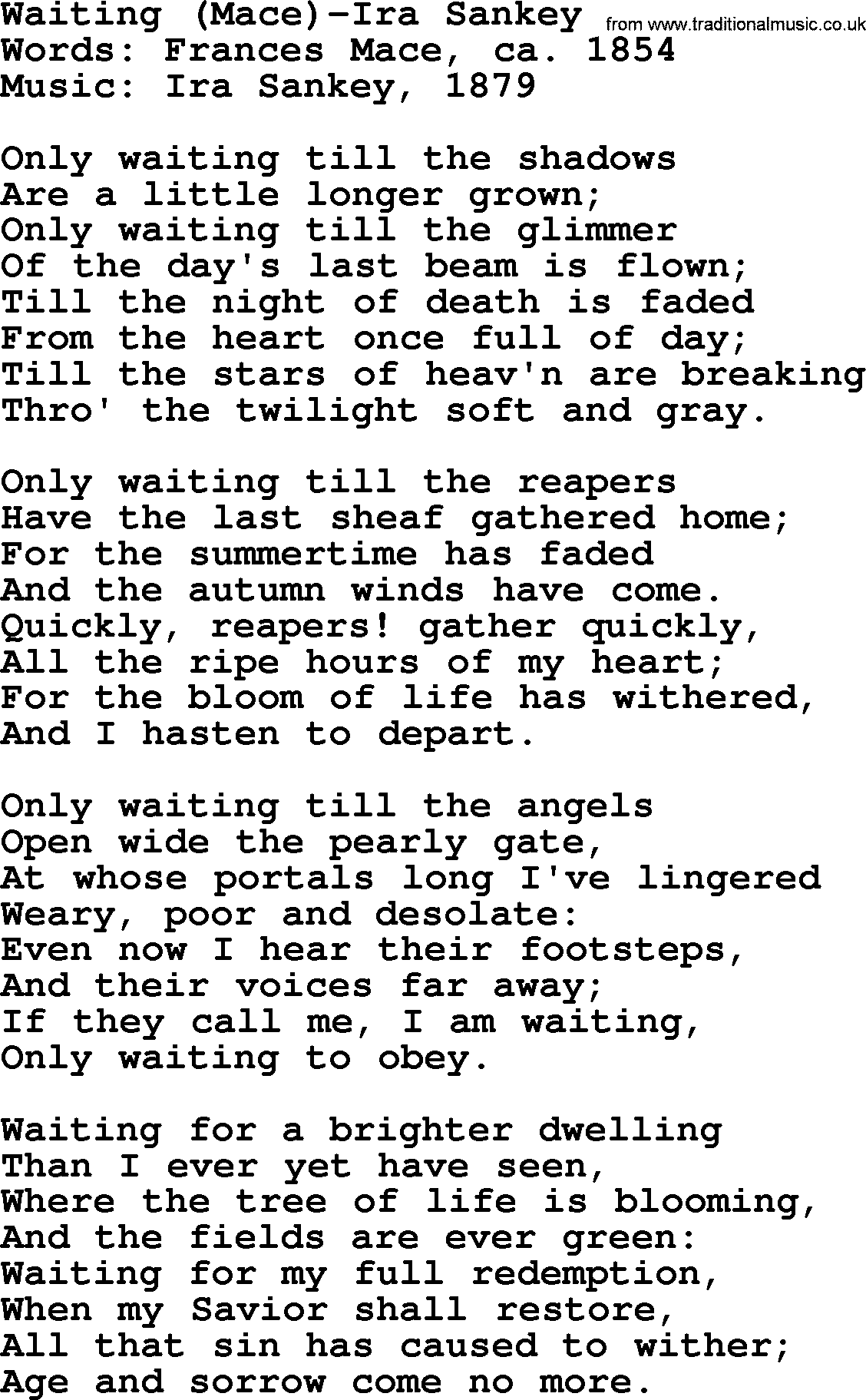 Ira Sankey hymn: Waiting-Ira Sankey, lyrics
