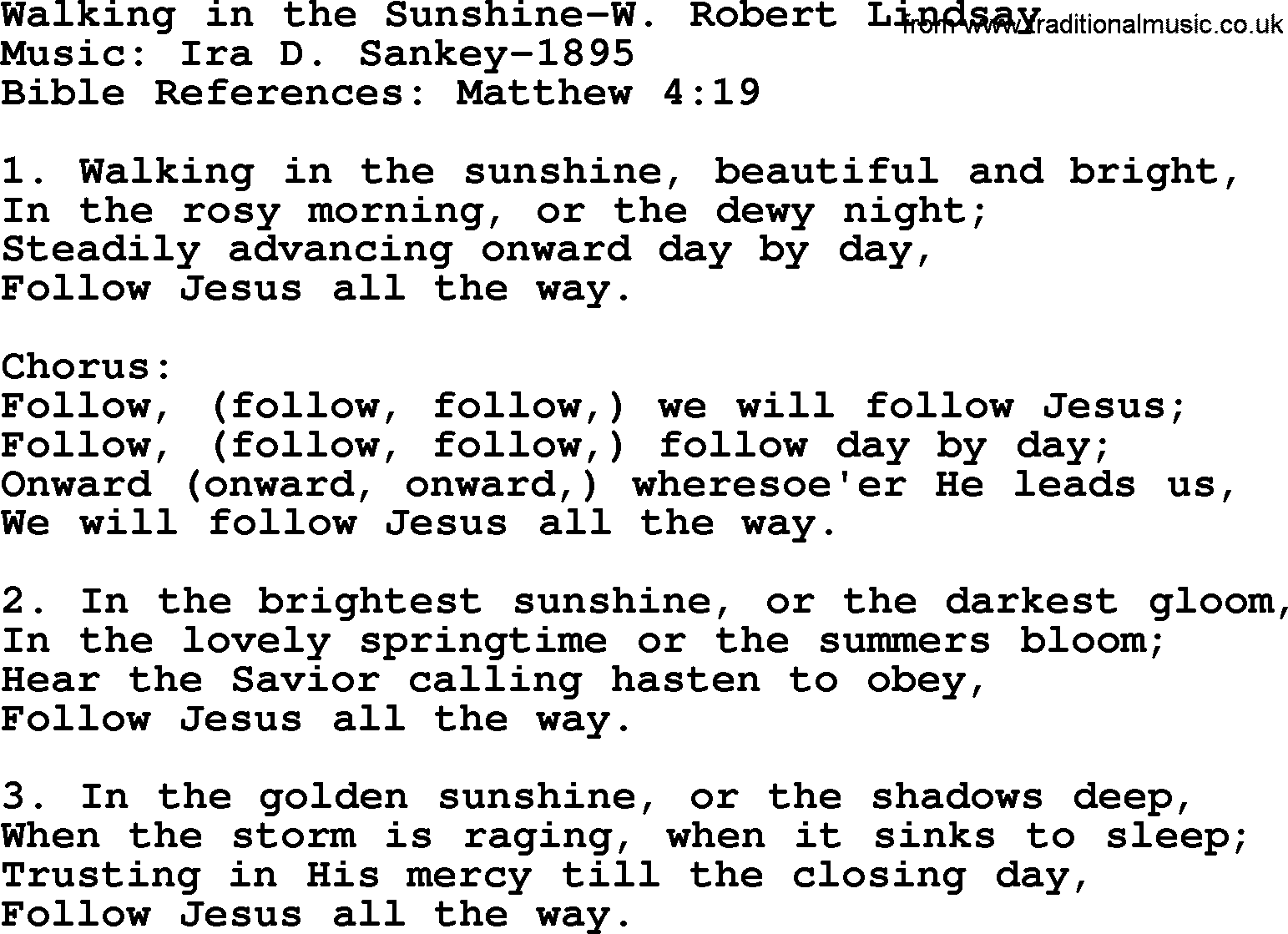 Ira Sankey hymn: Walking in the Sunshine-Ira Sankey, lyrics