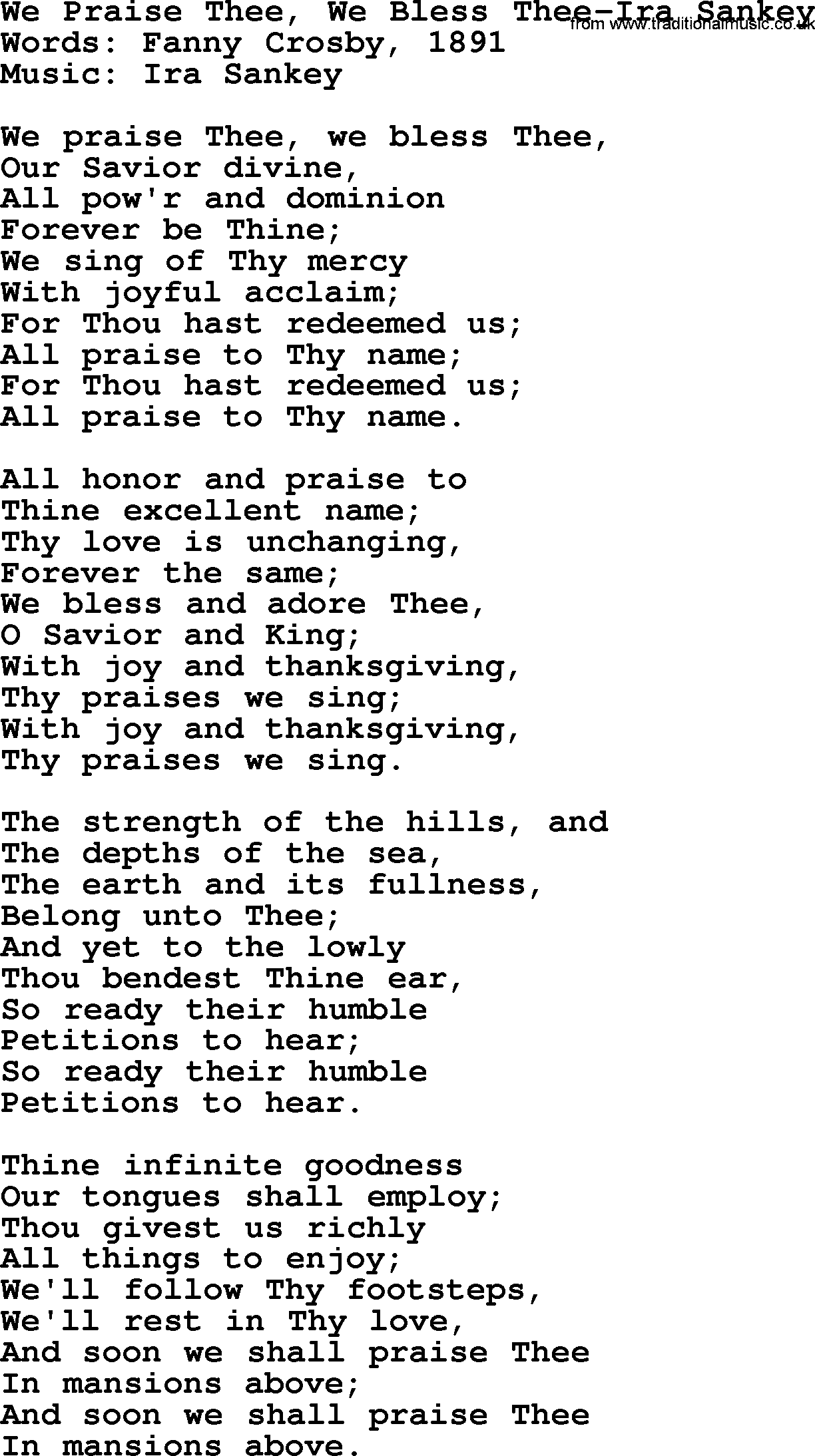 Ira Sankey hymn: We Praise Thee, We Bless Thee-Ira Sankey, lyrics