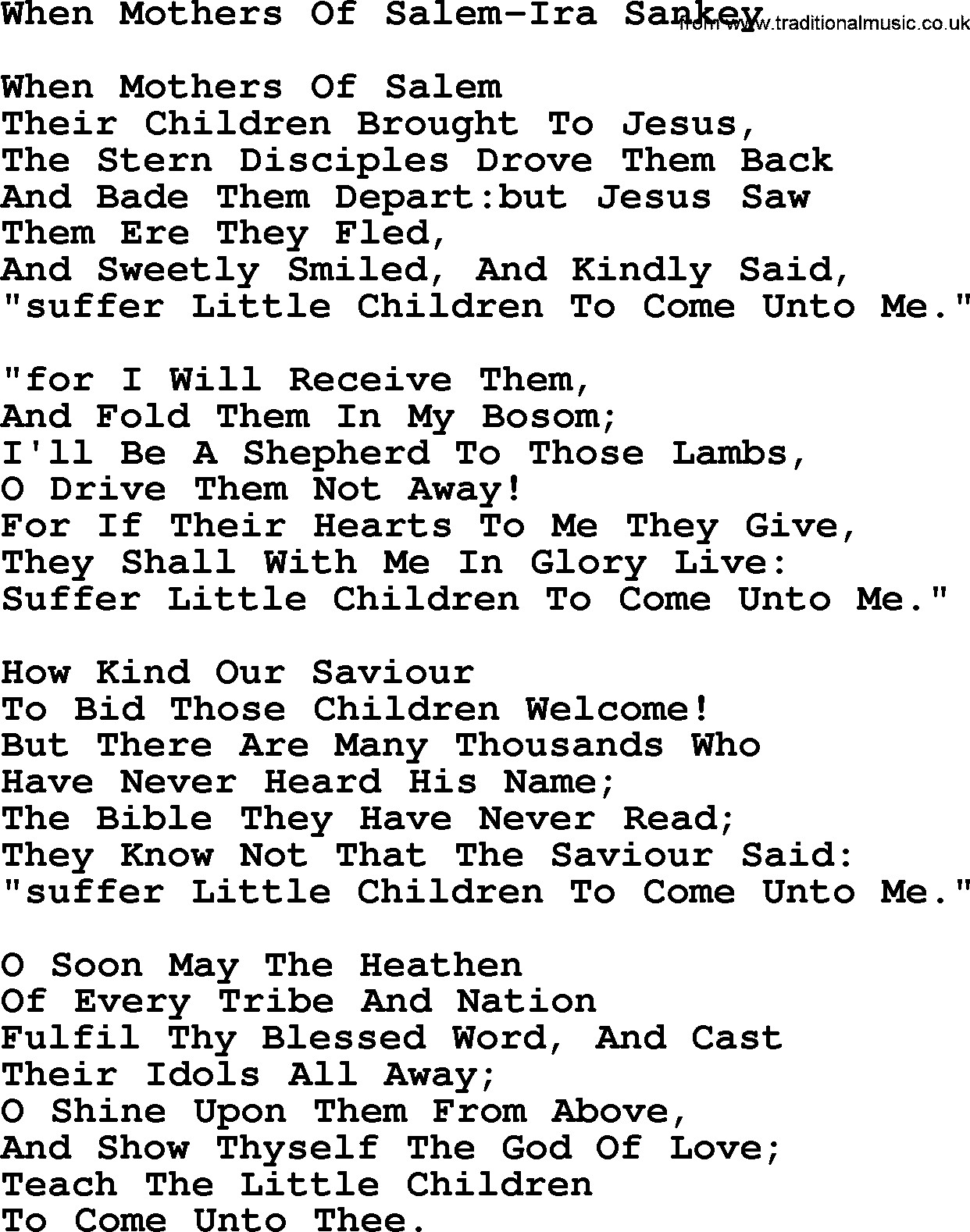 Ira Sankey hymn: When Mothers Of Salem-Ira Sankey, lyrics