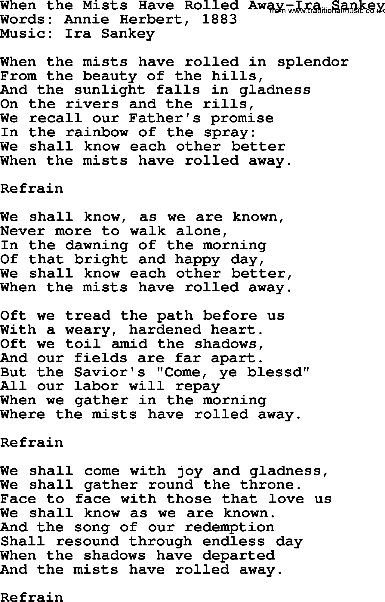Ira Sankey hymn: When the Mists Have Rolled Away-Ira Sankey, lyrics